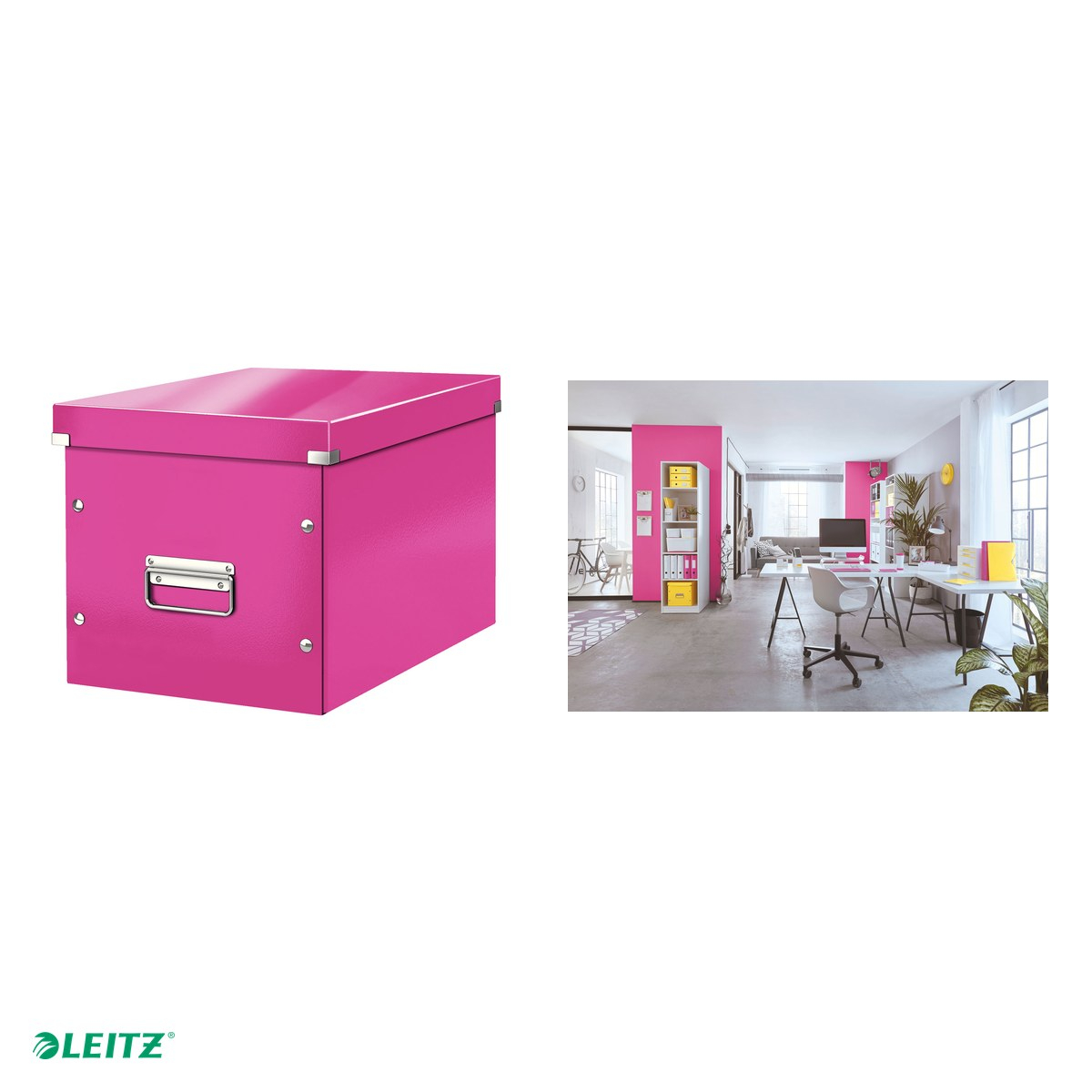 Cutie depozitare Leitz WOW Click & Store, carton laminat, pliabila, cu capac si maner, 32x31x36 cm, pentru transport, roz [4]