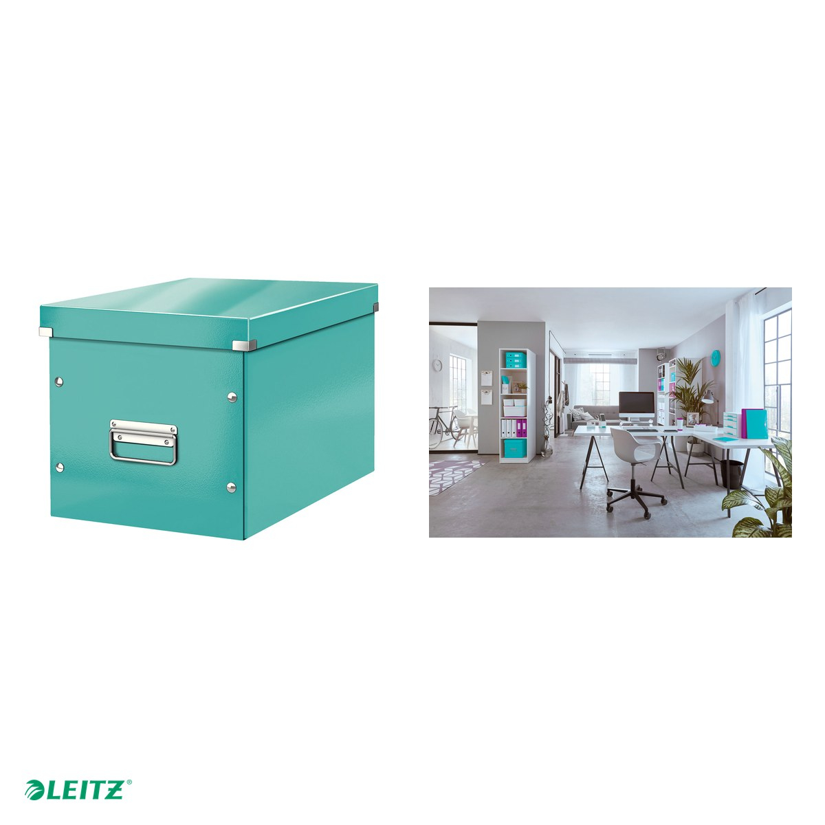 Cutie depozitare Leitz WOW Click & Store, carton laminat, pliabila, cu capac si maner, 32x31x36 cm, pentru transport, turcoaz [4]