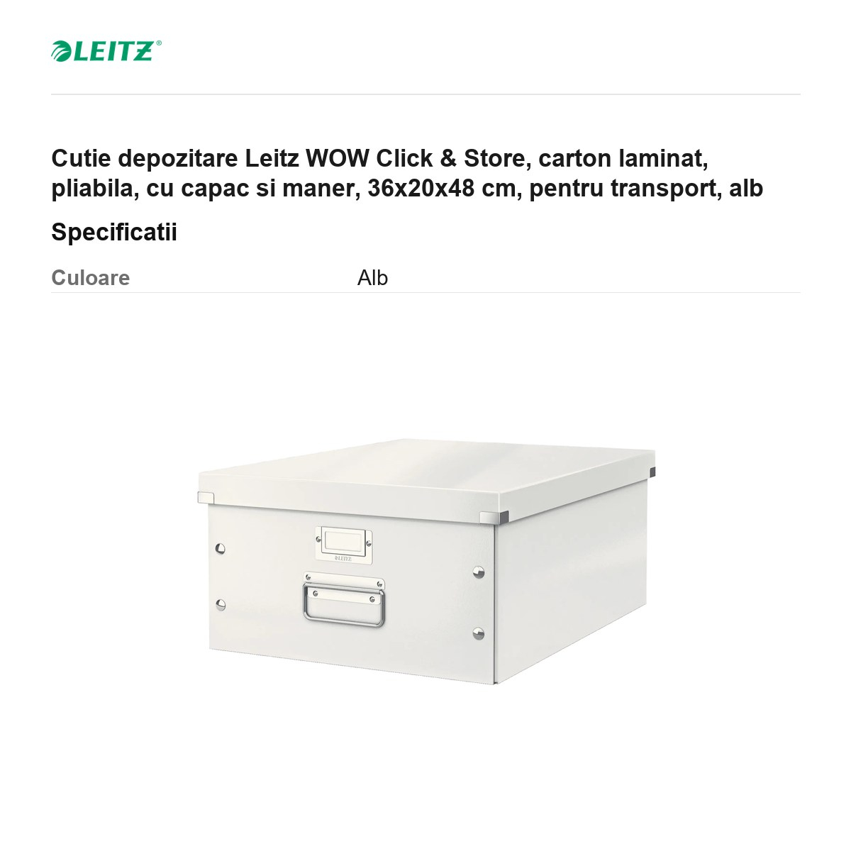Cutie depozitare Leitz WOW Click & Store, carton laminat, pliabila, cu capac si maner, 36x20x48 cm, pentru transport, alb [3]