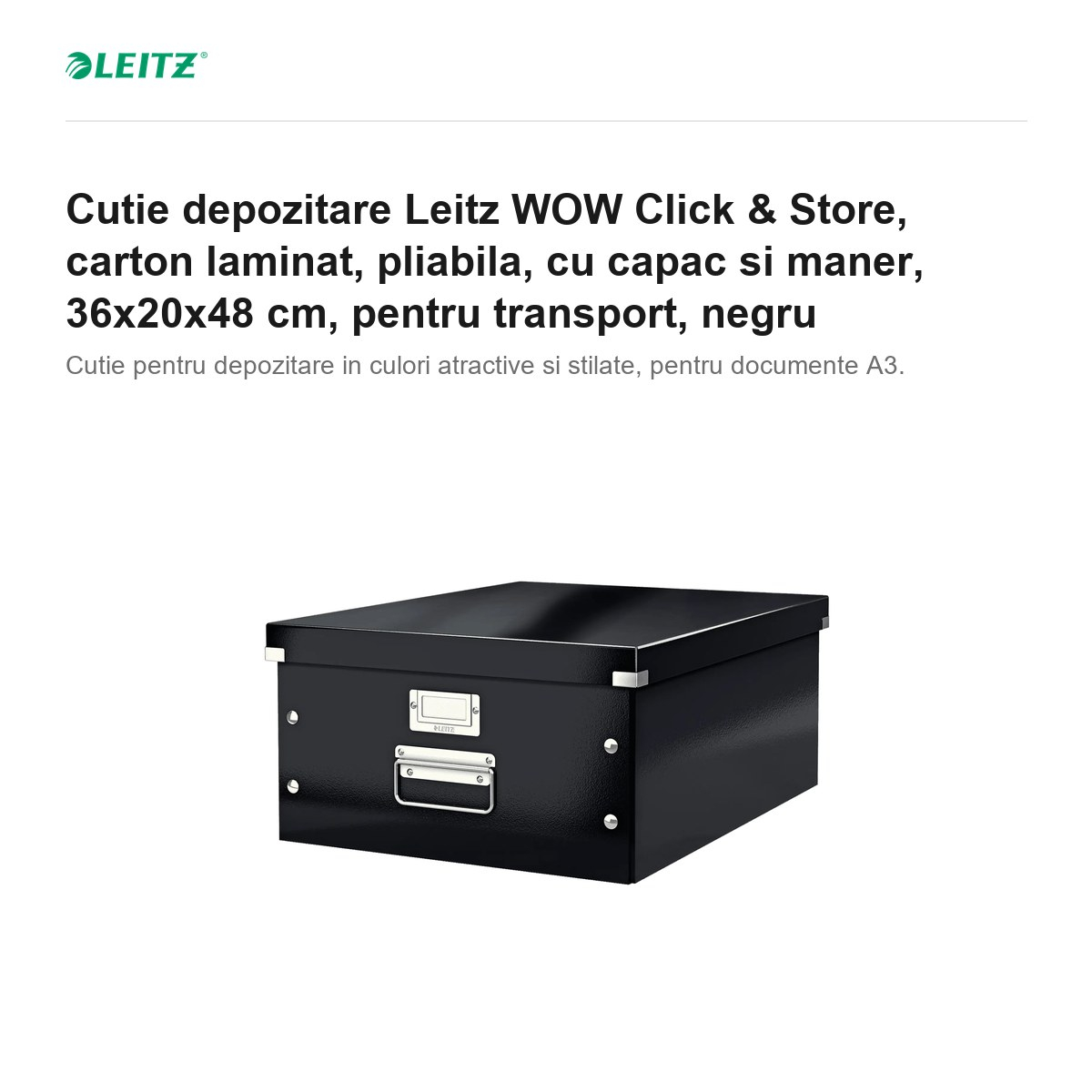 Cutie depozitare Leitz WOW Click & Store, carton laminat, pliabila, cu capac si maner, 36x20x48 cm, pentru transport, negru [2]