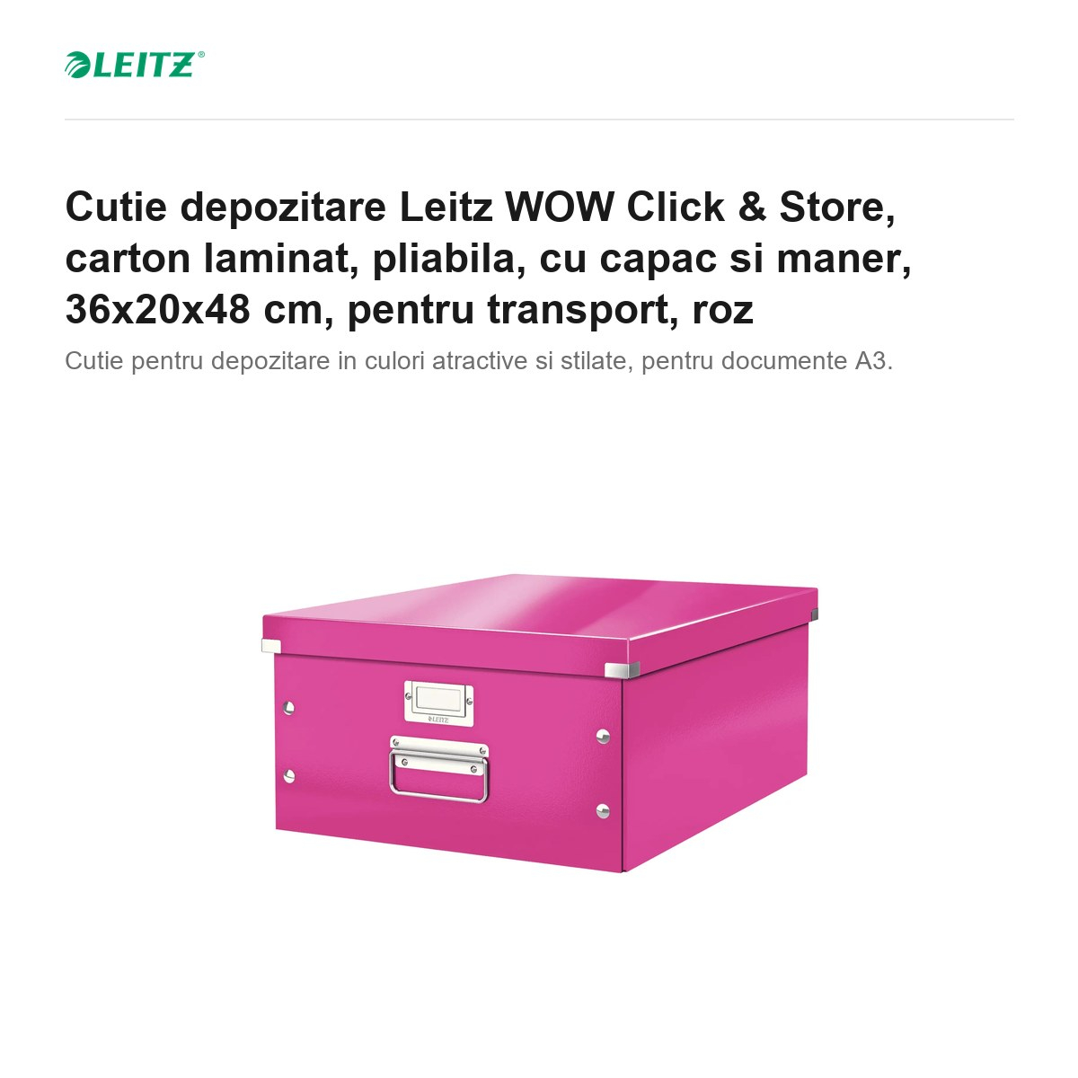 Cutie depozitare Leitz WOW Click & Store, carton laminat, pliabila, cu capac si maner, 36x20x48 cm, pentru transport, roz [2]