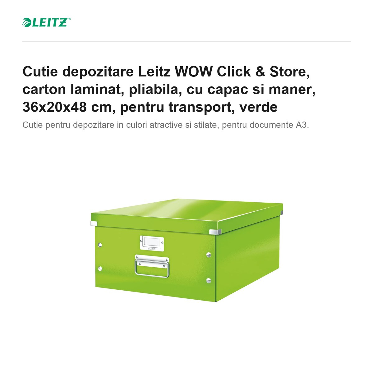 Cutie depozitare Leitz WOW Click & Store, carton laminat, pliabila, cu capac si maner, 36x20x48 cm, pentru transport, verde [2]