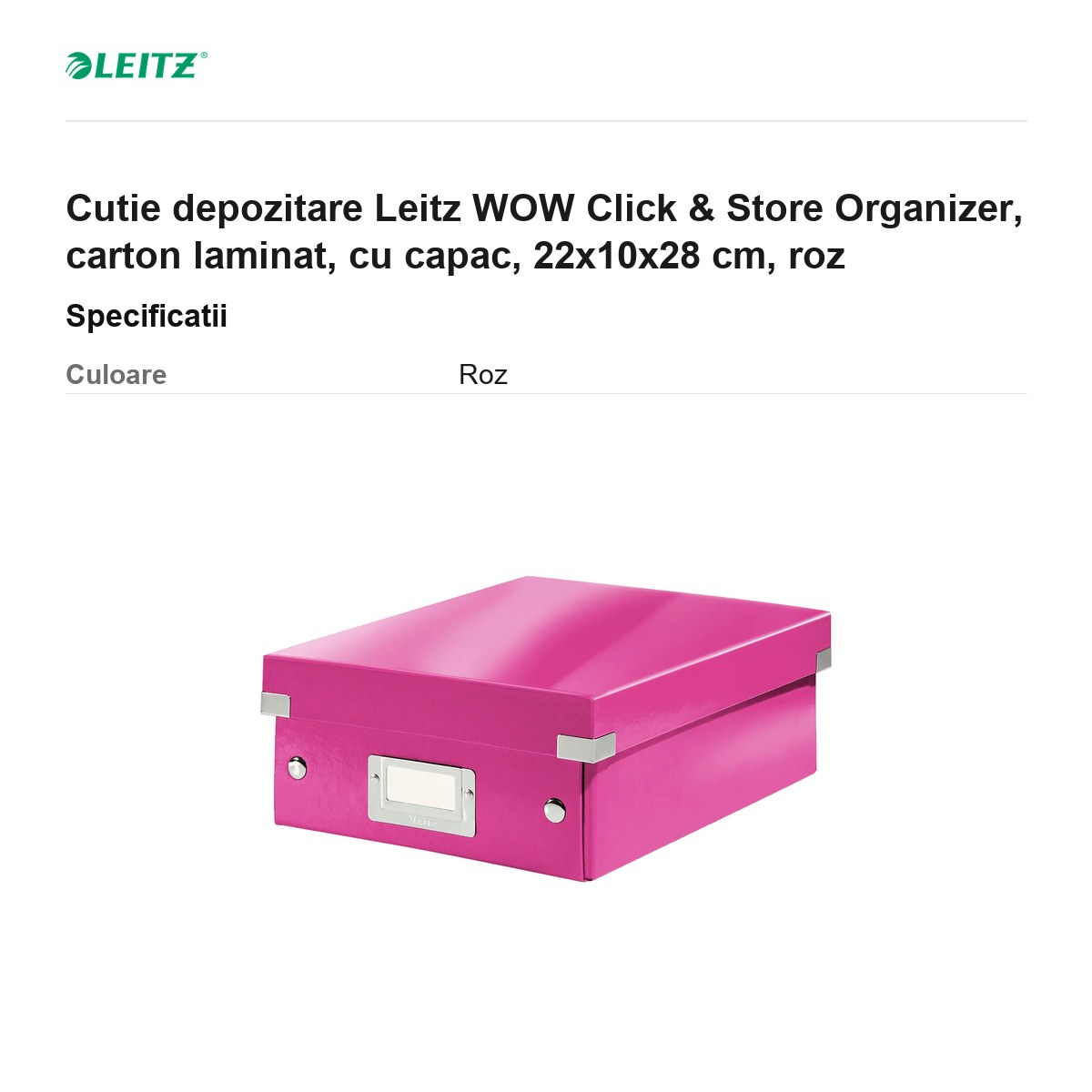 Cutie depozitare Leitz WOW Click & Store Organizer, carton laminat, cu capac, 22x10x28 cm, roz [3]