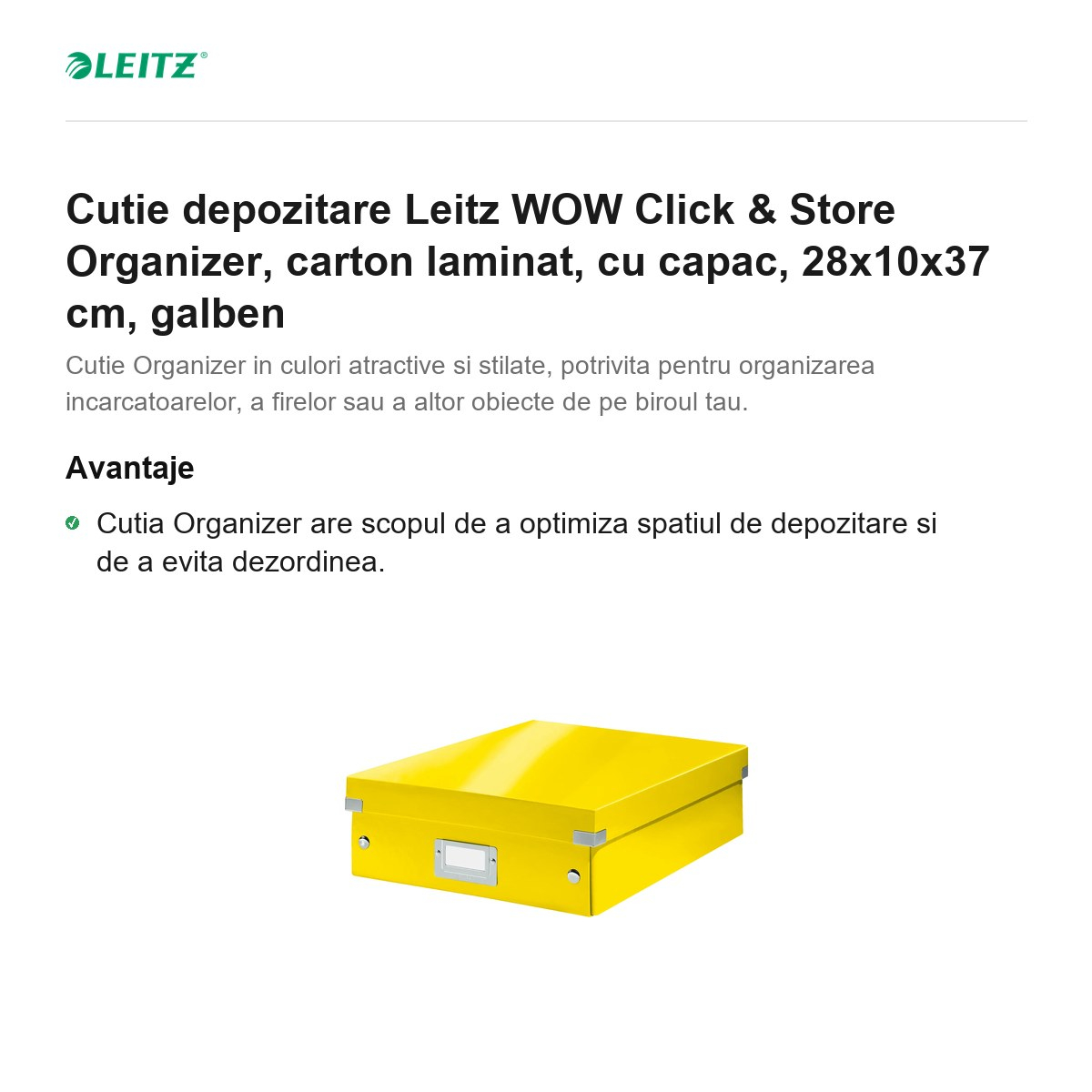 Cutie depozitare Leitz WOW Click & Store Organizer, carton laminat, cu capac, 28x10x37 cm, galben [2]