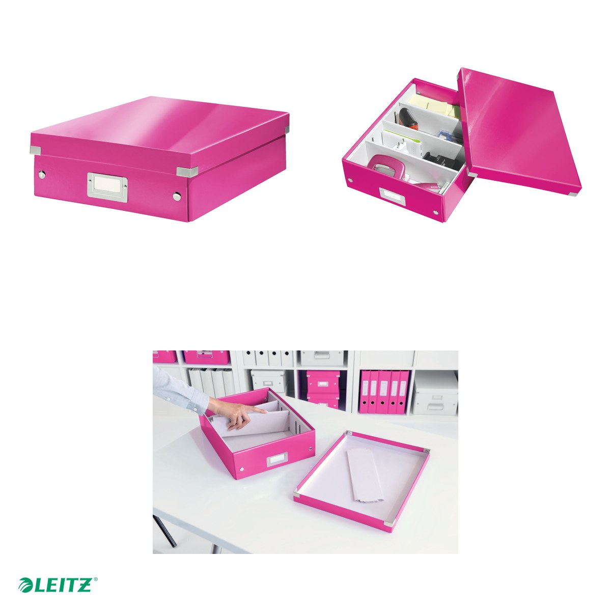 Cutie depozitare Leitz WOW Click & Store Organizer, carton laminat, cu capac, 28x10x37 cm, roz [4]