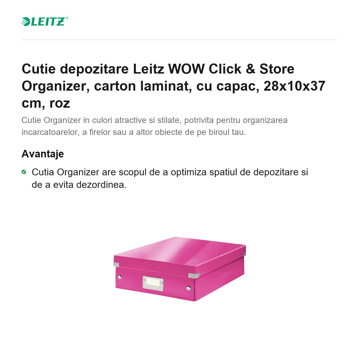 Cutie depozitare Leitz WOW Click & Store Organizer, carton laminat, cu capac, 28x10x37 cm, roz [2]