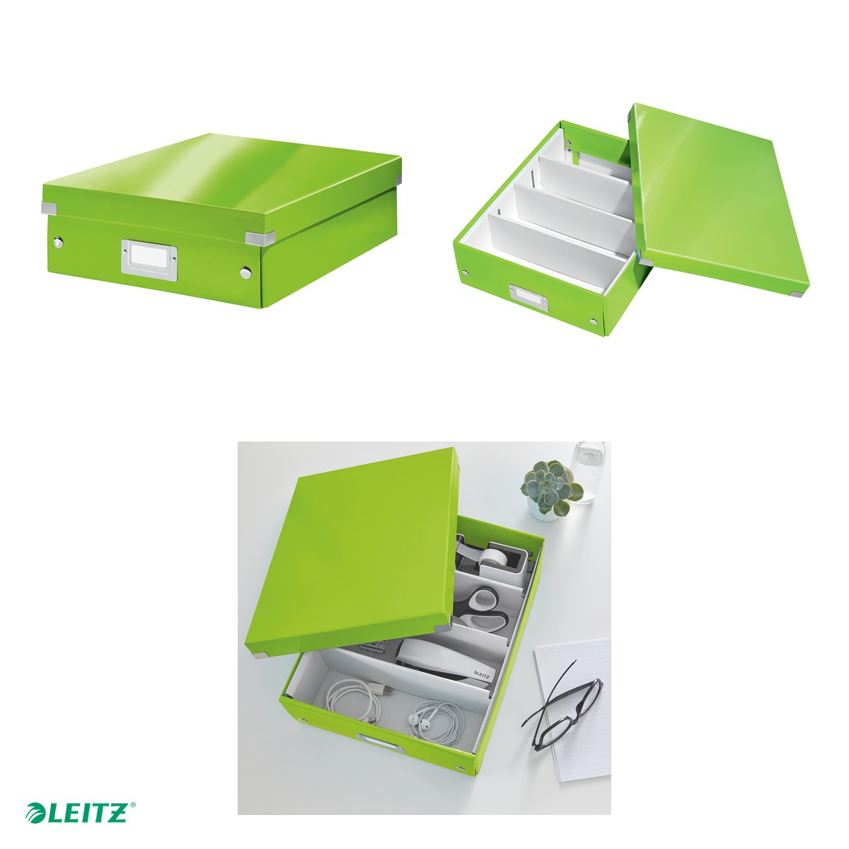 Cutie depozitare Leitz WOW Click & Store Organizer, carton laminat, cu capac, 28x10x37 cm, verde [4]