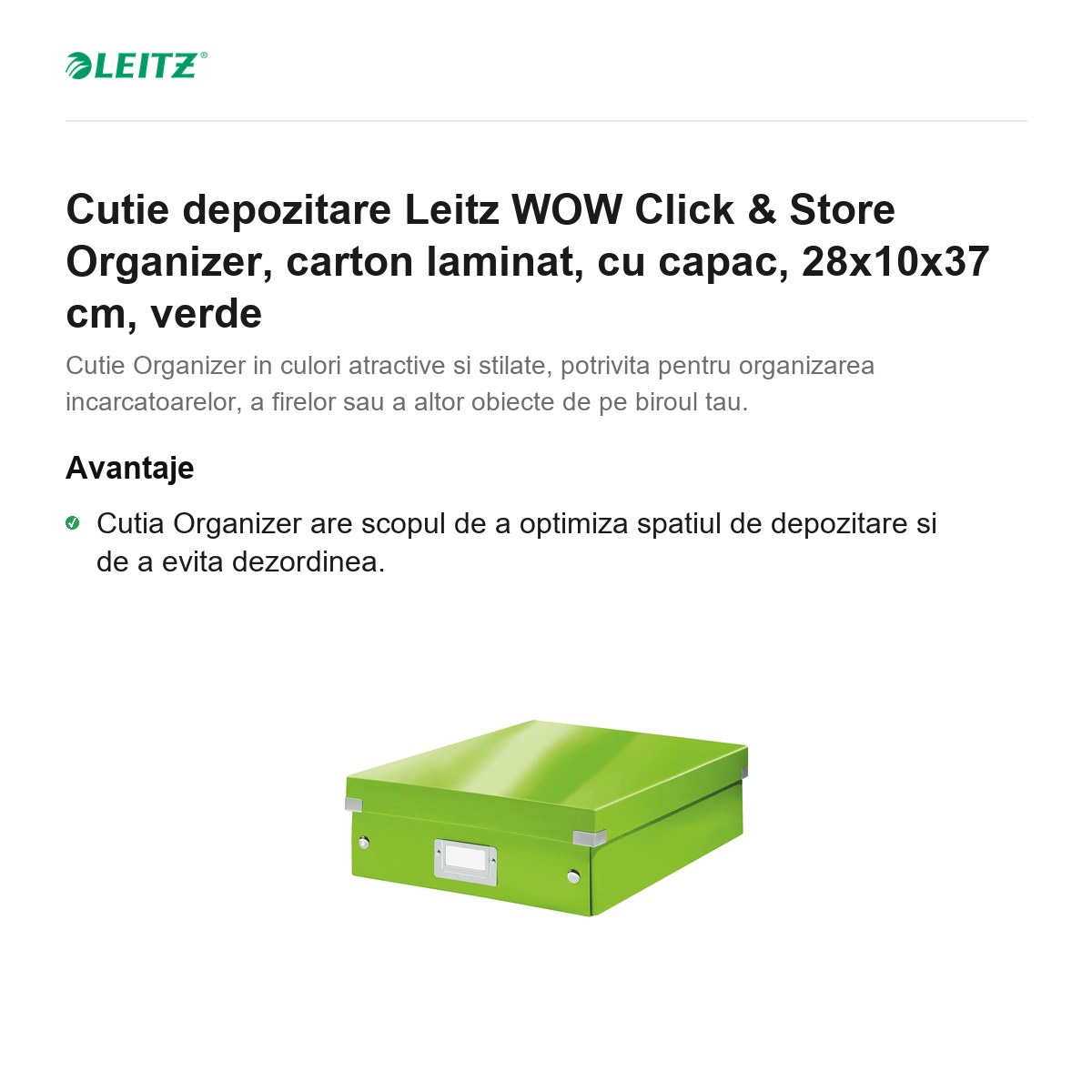 Cutie depozitare Leitz WOW Click & Store Organizer, carton laminat, cu capac, 28x10x37 cm, verde [2]