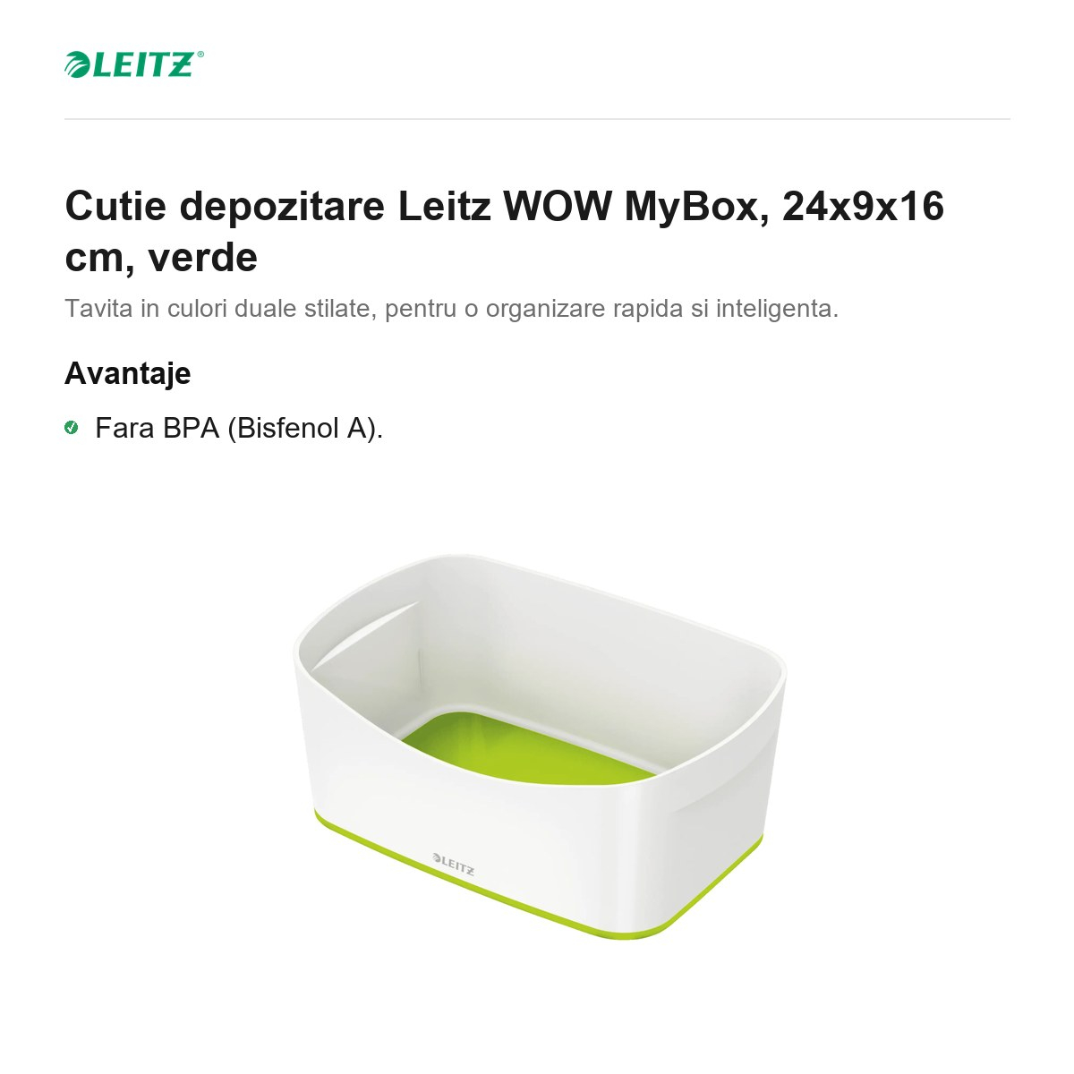 Cutie depozitare Leitz WOW MyBox, 24x9x16 cm, verde [2]