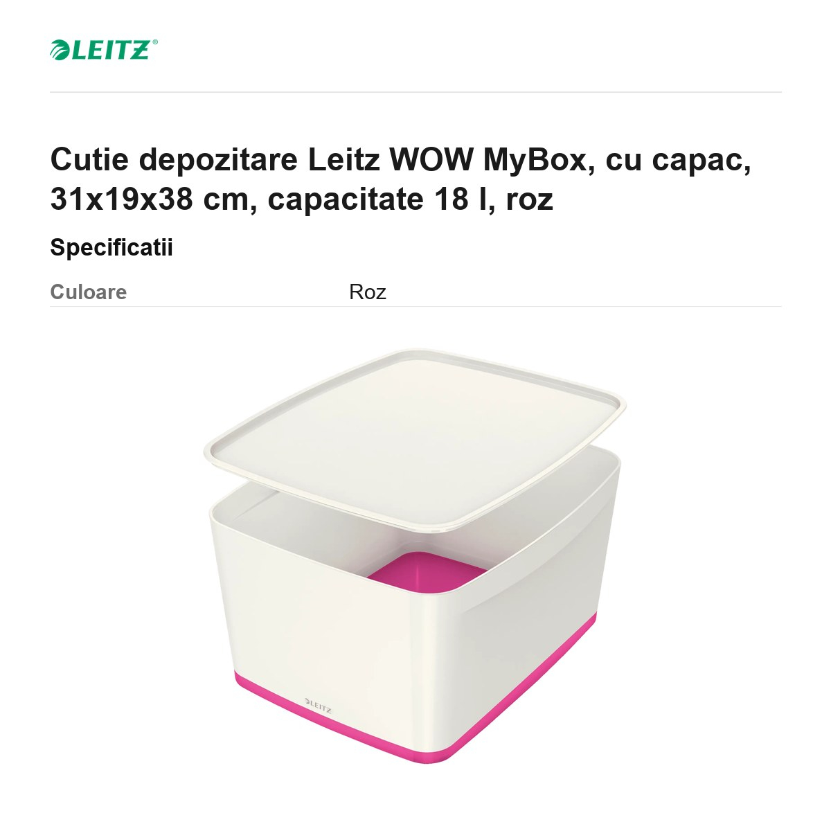Cutie depozitare Leitz WOW MyBox, cu capac, 31x19x38 cm, capacitate 18 l, roz [3]