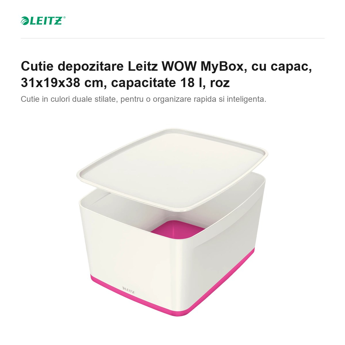 Cutie depozitare Leitz WOW MyBox, cu capac, 31x19x38 cm, capacitate 18 l, roz [2]