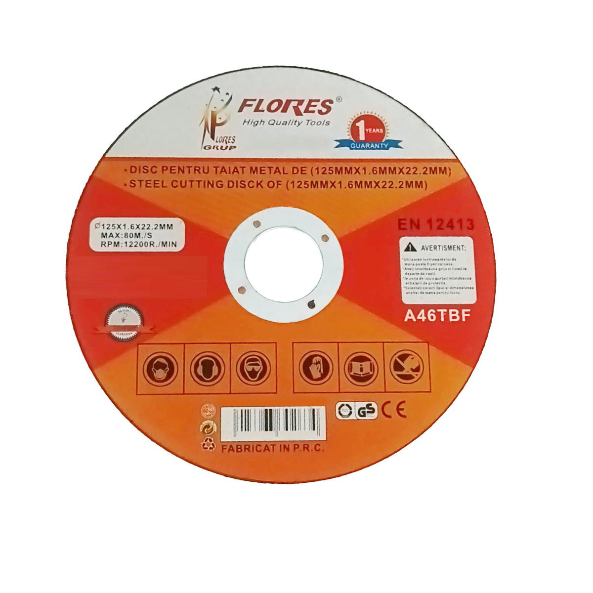 Disc de taiere metal, pentru polizor unghiular, 12200 rpm, 1.6 mm grosime, diametru 125 mm, alezaj de 22.2 mm, max. 80m/s [1]