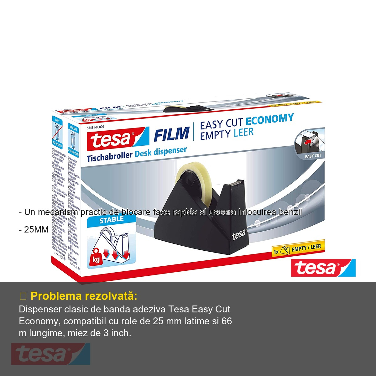 Dispenser banda adeziva Tesa Easy Cut Economy, latime 25 mm, lungime 66 m, pentru birou si acasa [4]
