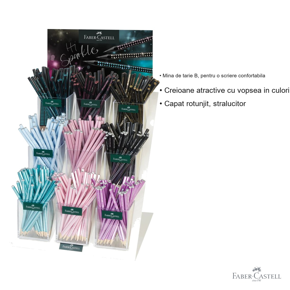 Display 432 creioane grafit B Faber-Castell Grip 2025 Sparkle, forma triunghiulara ergonomica, vopsea perlata [5]