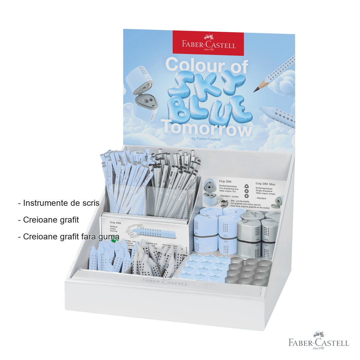 Display set complet Faber-Castell Grip 2001 Sky Blue - creioane grafit, ascutitori si radiere, pentru scoala si birou [3]