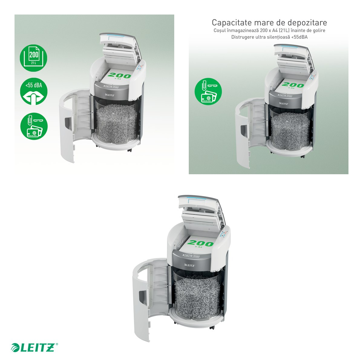Distrugator de documente Leitz IQ OptiMax Small Office automat, taiere cross-cut P-4, 200 coli automat si 8 manual, cos de 21 l cu iluminare LED, functionare continua 30 de minute [4]