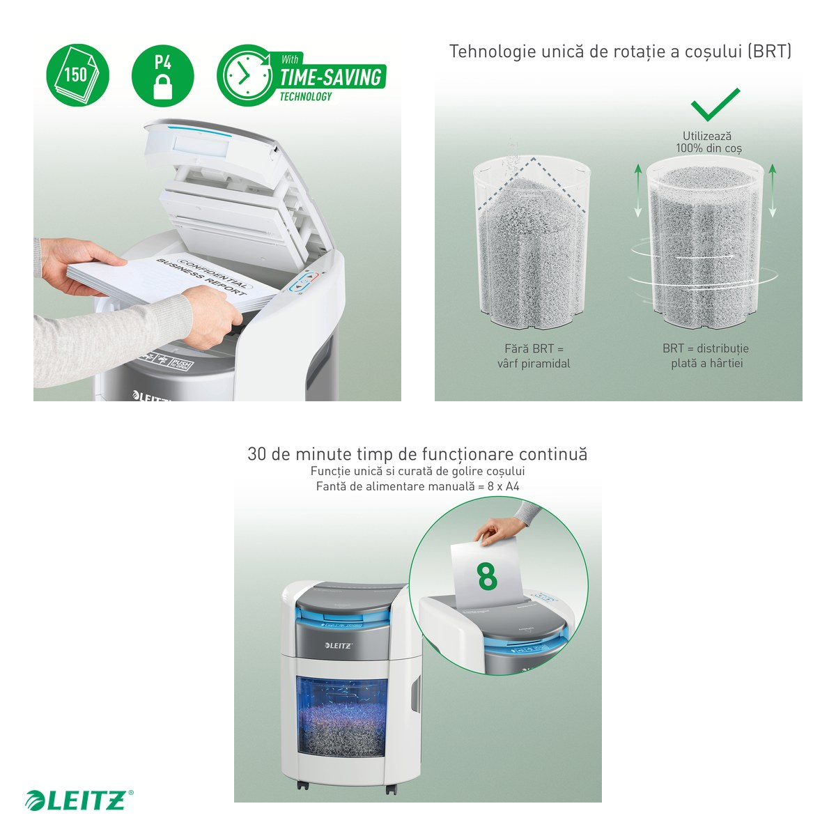 Distrugator de documente Leitz OptiMax Home Office automat, taiere cross-cut P-4, 150 coli automat si 8 manual, cos de 15 l, functionare continua 30 de minute, 55 dBA [4]