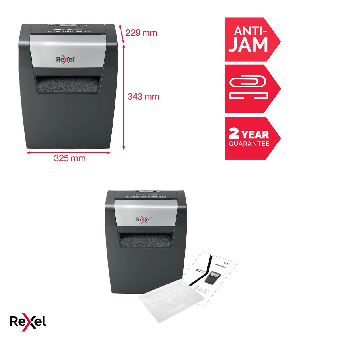 Distrugator de documente Rexel Momentum X308, taiere cross-cut P-3 in particule de 5x42 mm, 8 coli, cos de 15 l, distruge documente capsate sau prinse cu agrafe [5]