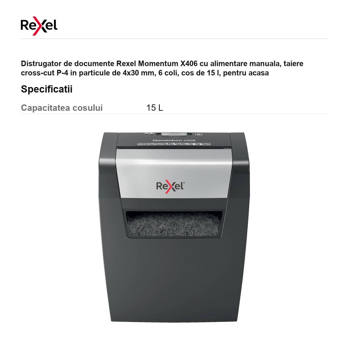 Distrugator de documente Rexel Momentum X406 cu alimentare manuala, taiere cross-cut P-4 in particule de 4x30 mm, 6 coli, cos de 15 l, pentru acasa [3]