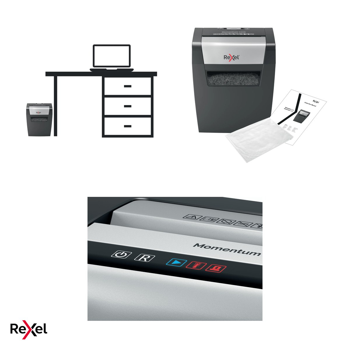 Distrugator de documente Rexel Momentum X406 cu alimentare manuala, taiere cross-cut P-4 in particule de 4x30 mm, 6 coli, cos de 15 l, pentru acasa [6]