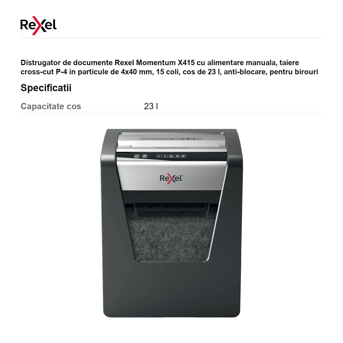Distrugator de documente Rexel Momentum X415 cu alimentare manuala, taiere cross-cut P-4 in particule de 4x40 mm, 15 coli, cos de 23 l, anti-blocare, pentru birouri mici [3]