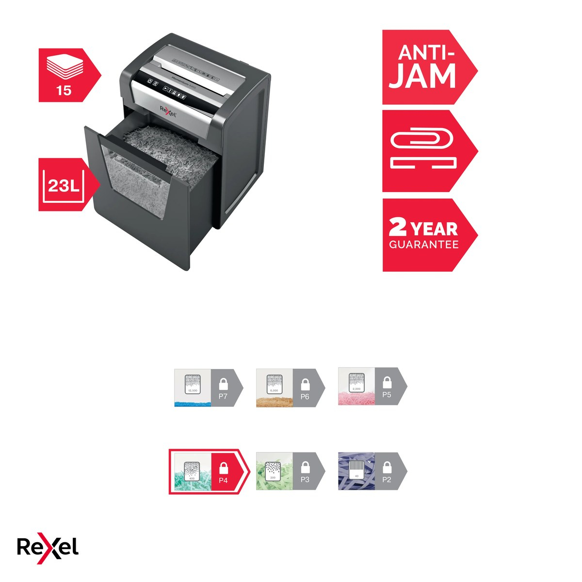 Distrugator de documente Rexel Momentum X415 cu alimentare manuala, taiere cross-cut P-4 in particule de 4x40 mm, 15 coli, cos de 23 l, anti-blocare, pentru birouri mici [5]