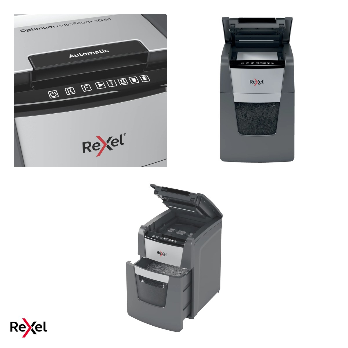 Distrugator de documente Rexel Optimum 100M automat, taiere micro-cut P-5 in particule de 2x15 mm, 100 coli automat si 6 manual, cos de 34 l, functionare continua 20 de minute [4]
