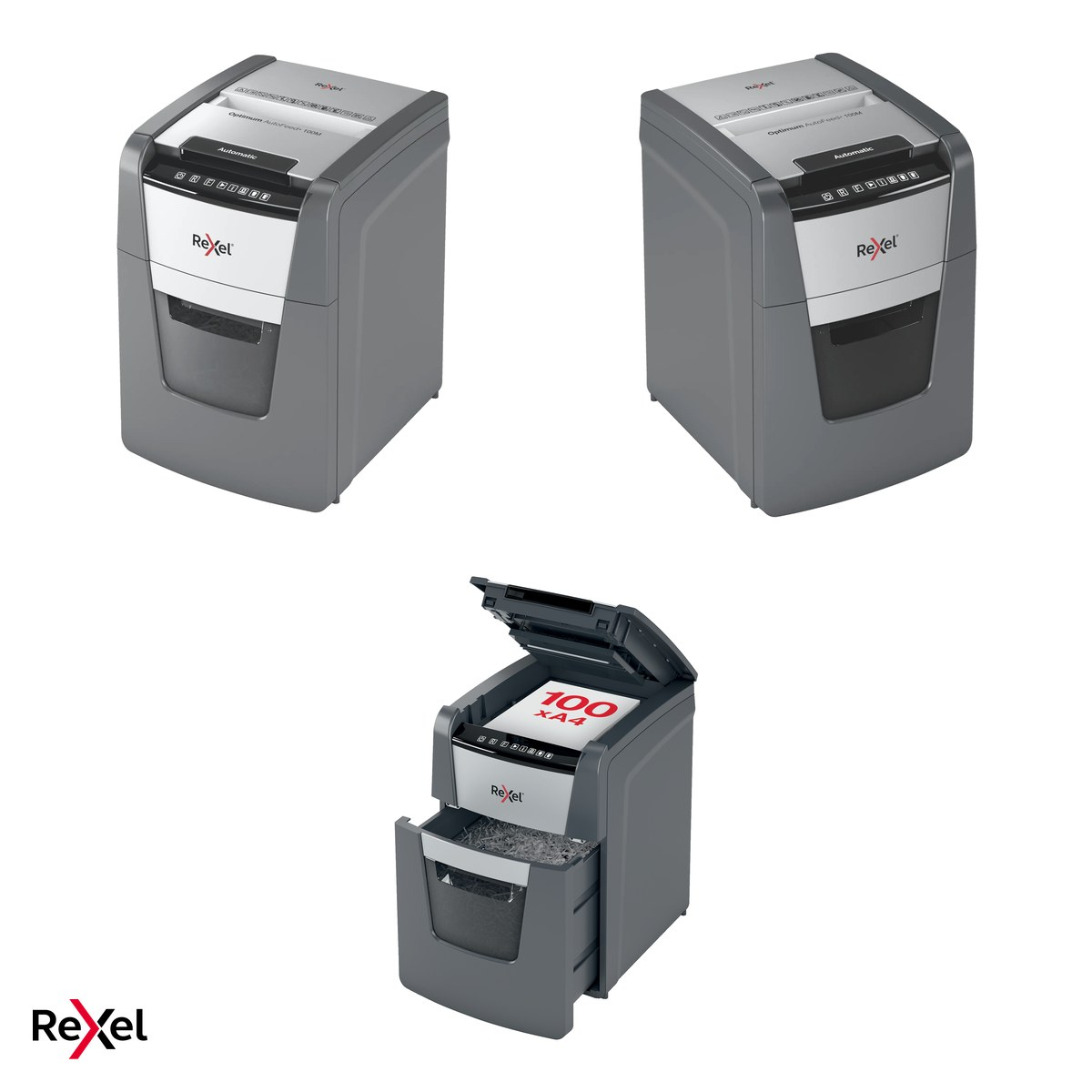 Distrugator de documente Rexel Optimum 100M automat, taiere micro-cut P-5 in particule de 2x15 mm, 100 coli automat si 6 manual, cos de 34 l, functionare continua 20 de minute [5]