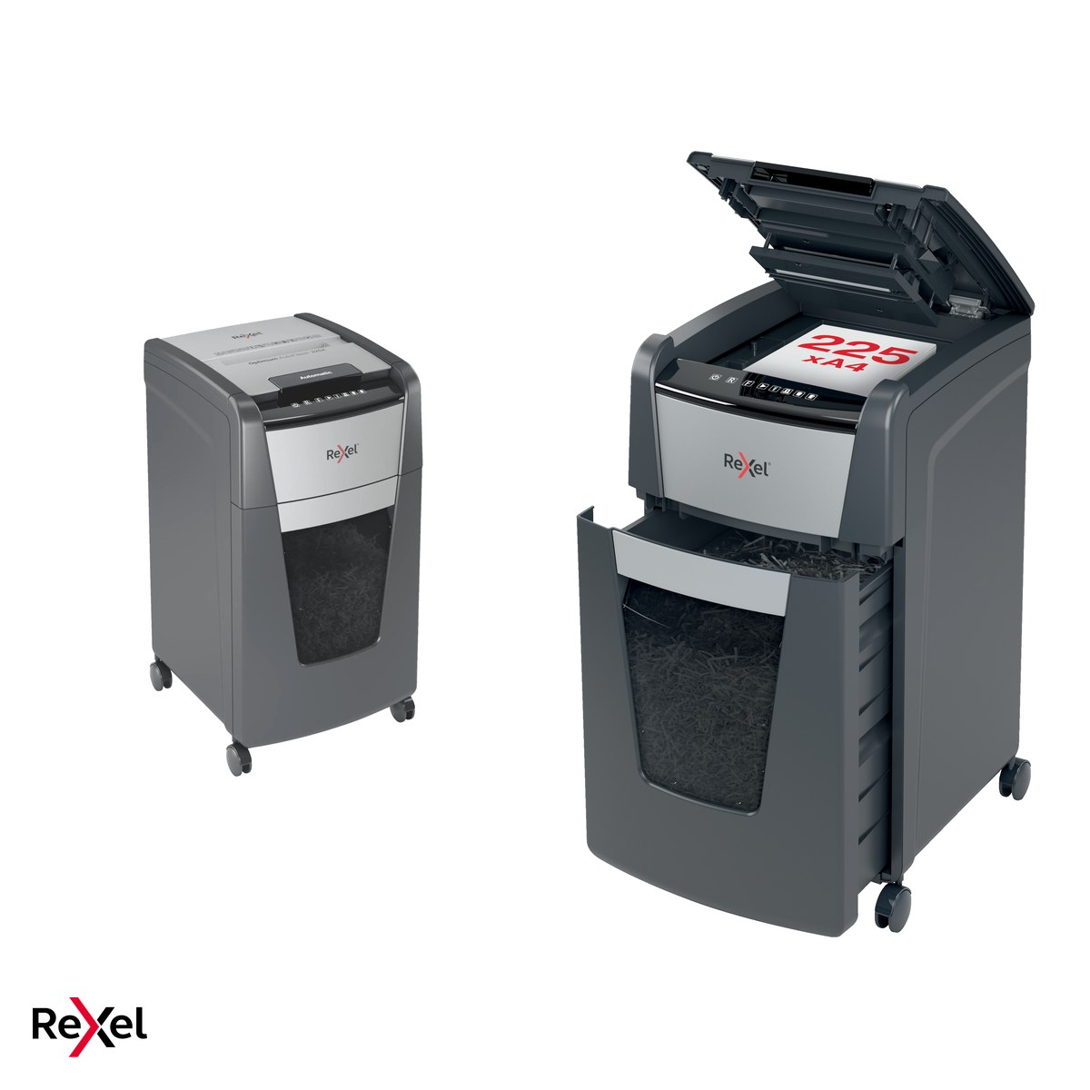 Distrugator de documente Rexel Optimum 225X automat, taiere cross-cut P-4 in particule de 4x26 mm, 225 coli automat si 10 manual, cos de 60 l, pe roti, functionare continua 30 de minute [5]