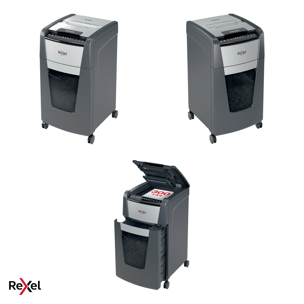 Distrugator de documente Rexel Optimum 300M automat, taiere micro-cut P-5 in particule de 2x15 mm, 300 coli automat si 8 manual, cos de 60 l, pe roti, blocare cu cod PIN [5]