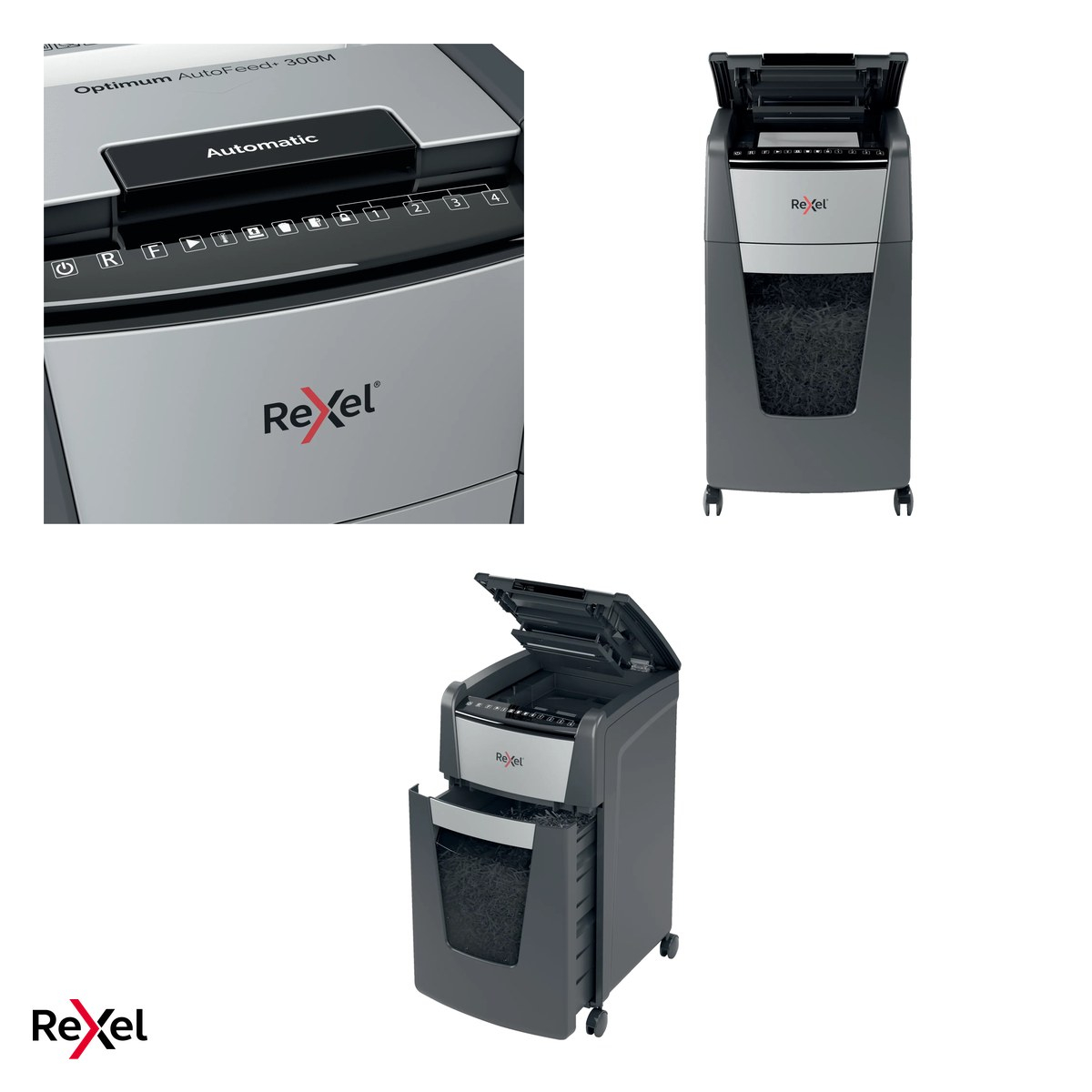 Distrugator de documente Rexel Optimum 300M automat, taiere micro-cut P-5 in particule de 2x15 mm, 300 coli automat si 8 manual, cos de 60 l, pe roti, blocare cu cod PIN [4]