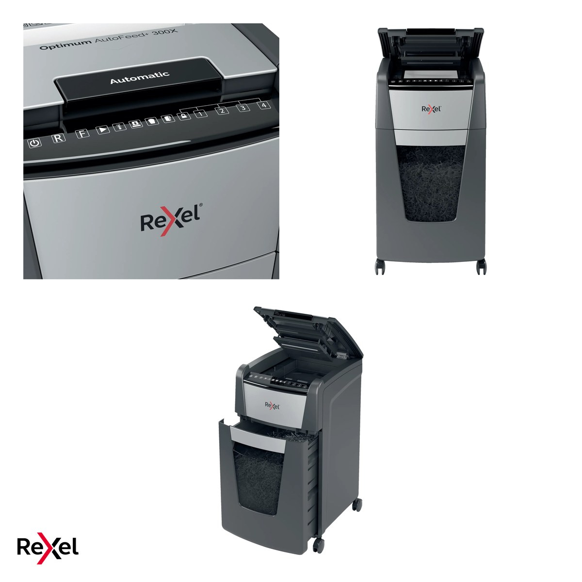 Distrugator de documente Rexel Optimum 300X automat, taiere cross-cut P-4 in particule de 4x26 mm, 300 coli automat si 10 manual, cos de 60 l, pe roti, blocare cu cod PIN [4]
