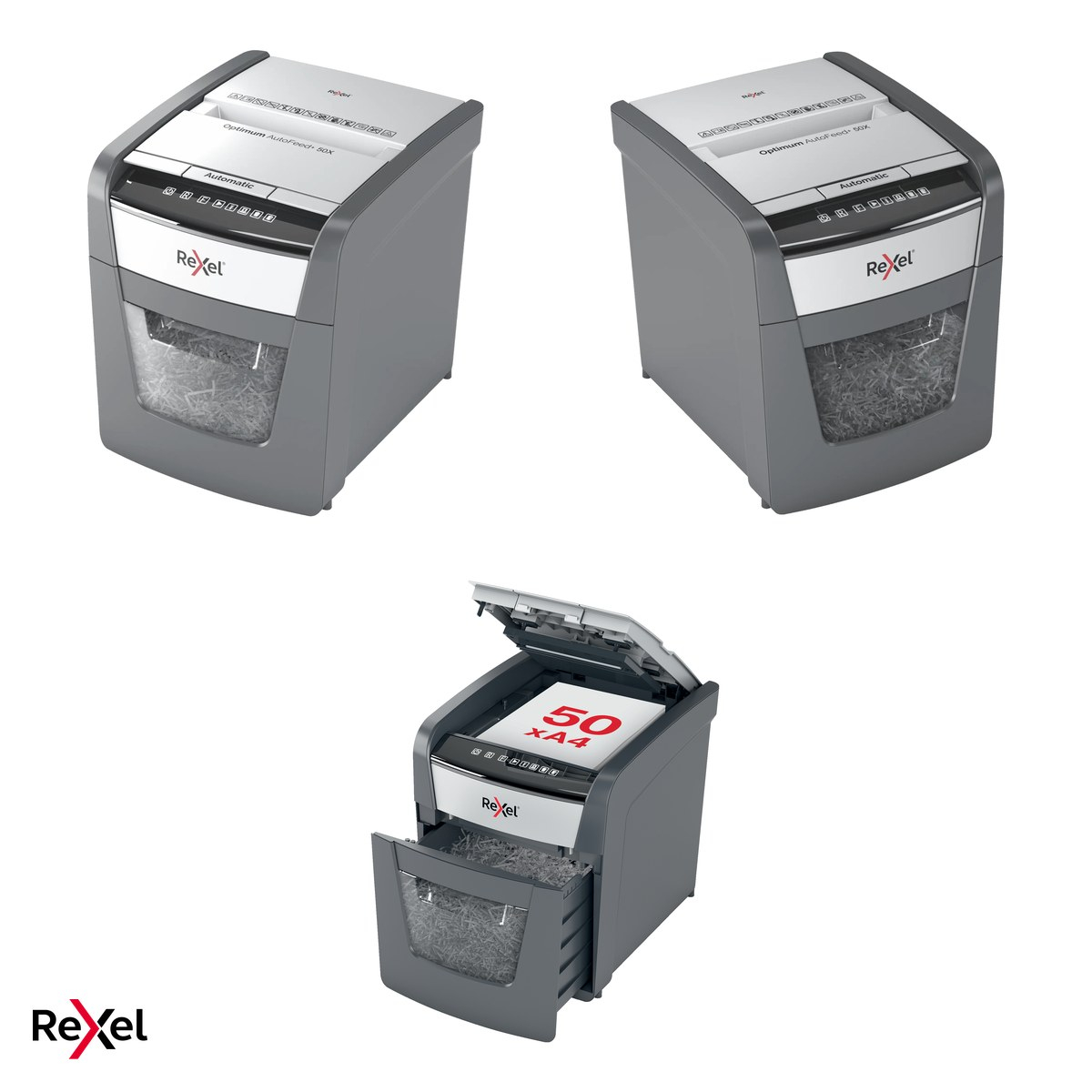Distrugator de documente Rexel Optimum 50X automat, taiere cross-cut P-4 in particule de 4x28 mm, 50 coli automat si 6 manual, cos de 20 l, functionare continua 10 minute [5]