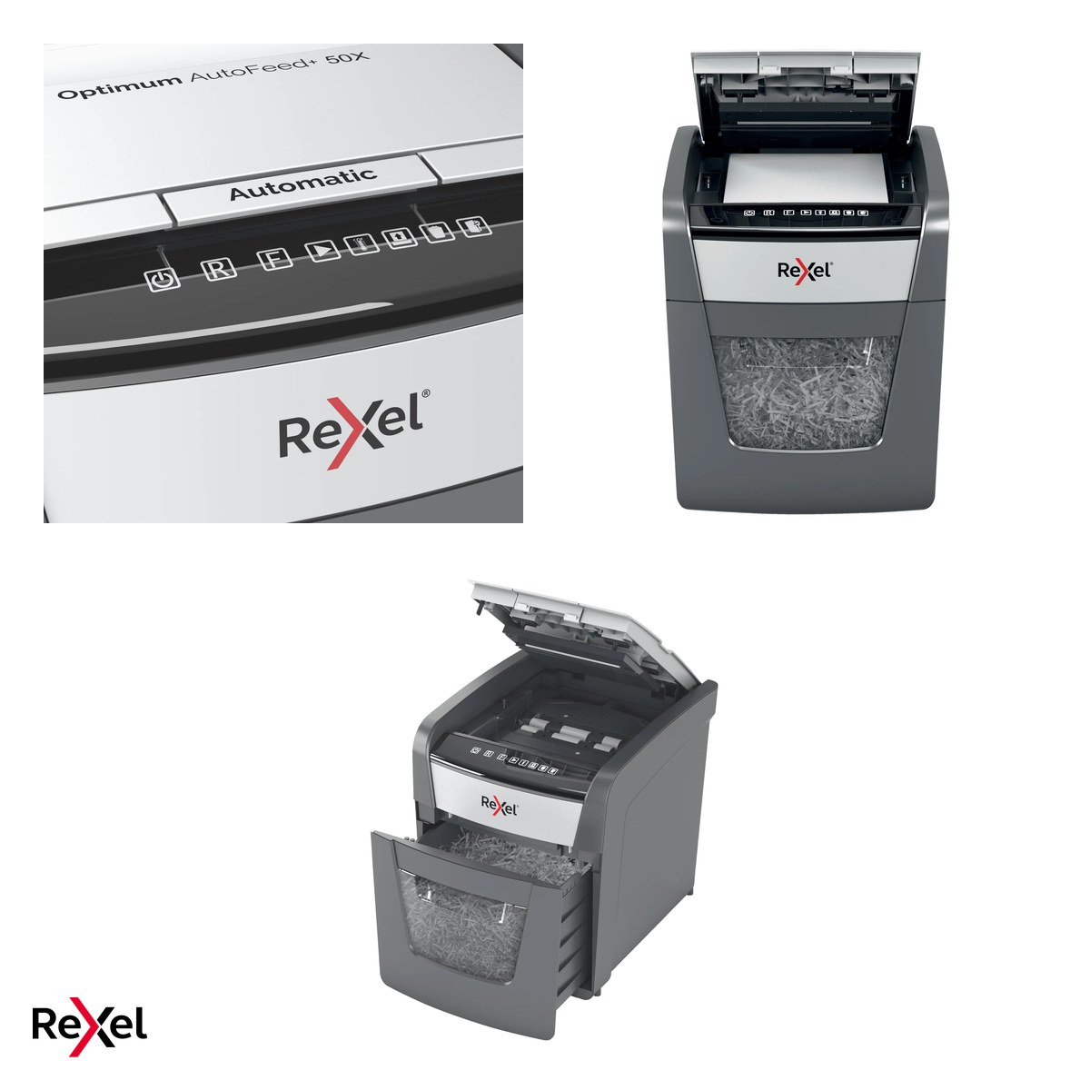 Distrugator de documente Rexel Optimum 50X automat, taiere cross-cut P-4 in particule de 4x28 mm, 50 coli automat si 6 manual, cos de 20 l, functionare continua 10 minute [4]