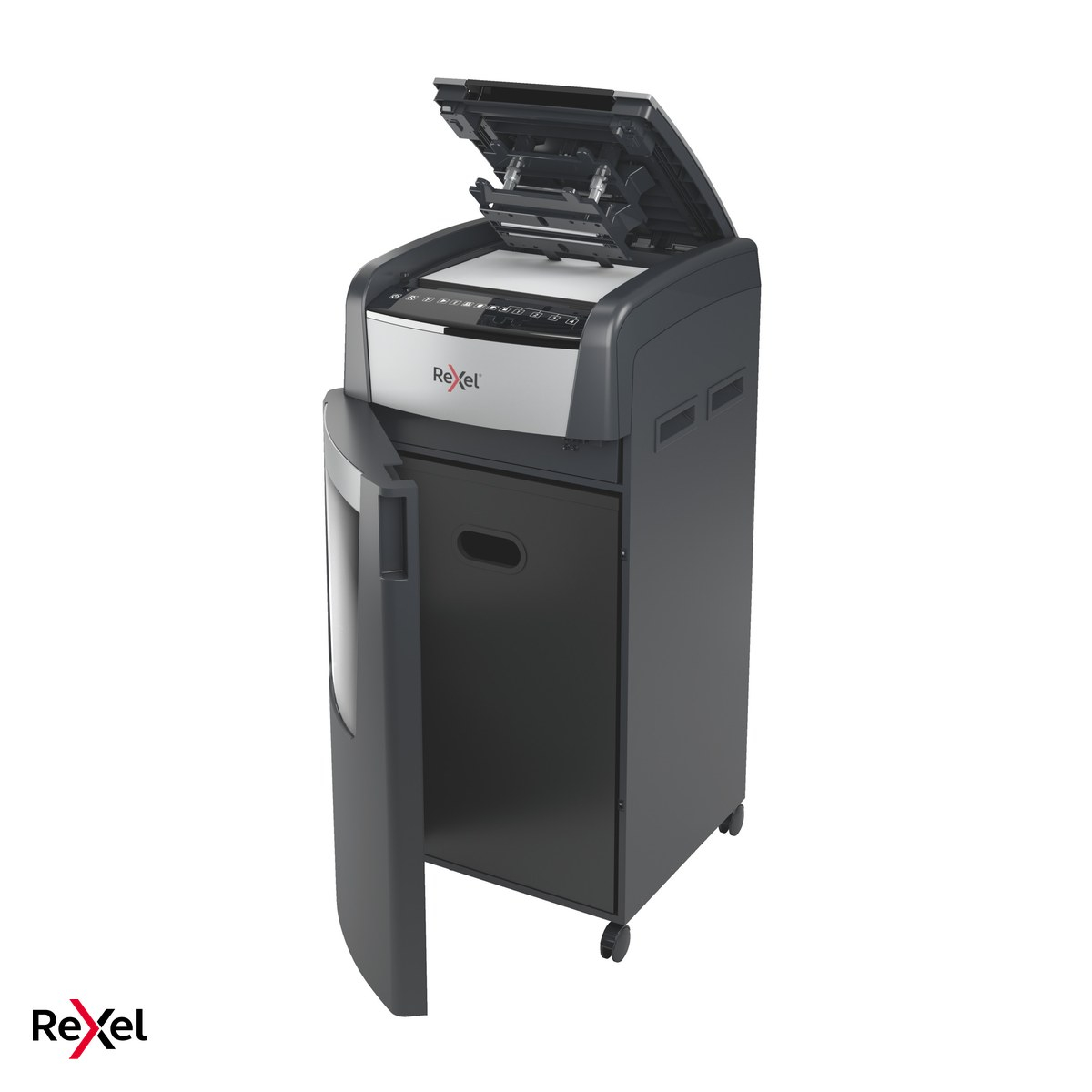 Distrugator de documente Rexel Optimum 600M automat, taiere micro-cut P-5 in particule de 2x15 mm, 600 coli automat si 10 manual, cos de 110 l, pe roti, functionare continua 240 de minute [6]