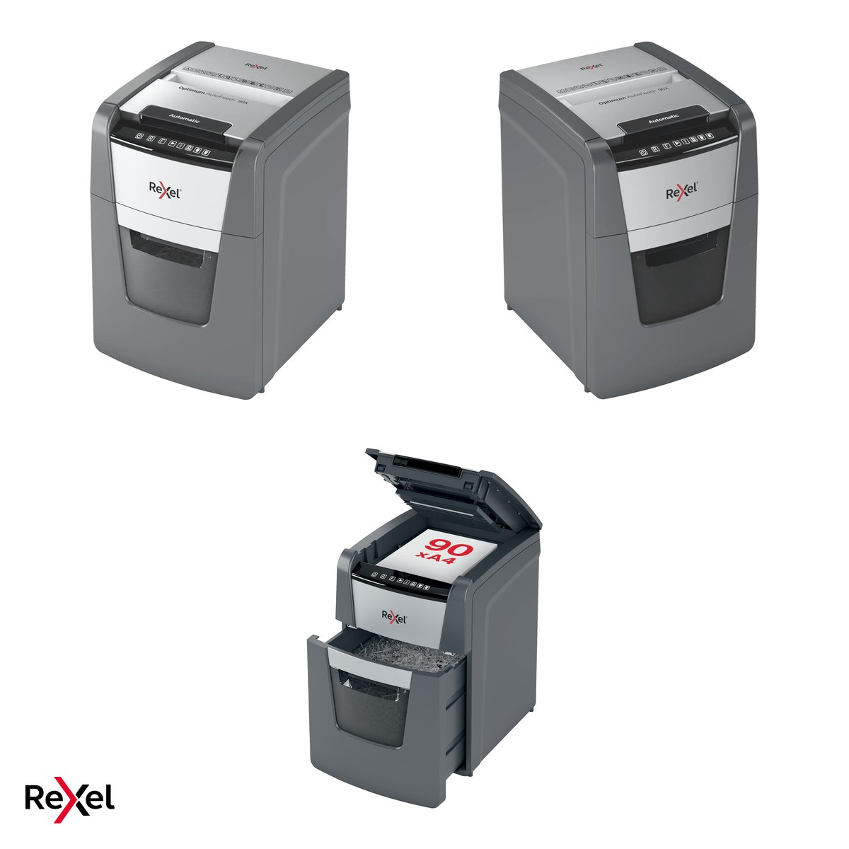 Distrugator de documente Rexel Optimum 90X automat, taiere cross-cut P-4 in particule de 4x28 mm, 90 coli automat si 8 manual, cos de 34 l, functionare continua 20 de minute [5]