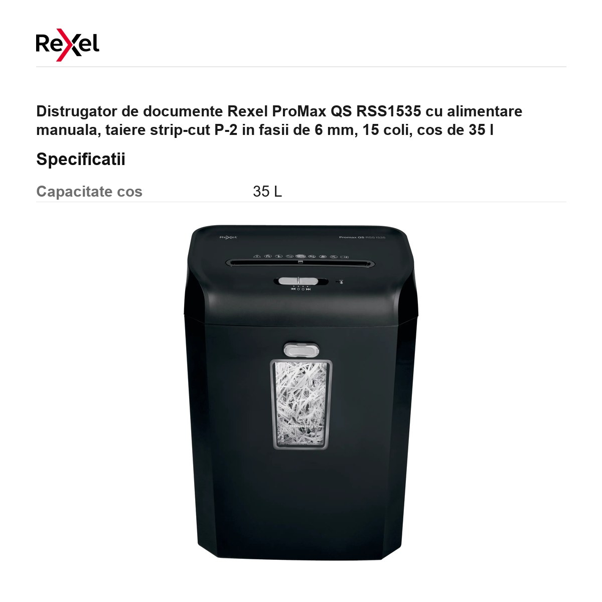 Distrugator de documente Rexel ProMax QS RSS1535 cu alimentare manuala, taiere strip-cut P-2 in fasii de 6 mm, 15 coli, cos de 35 l [3]