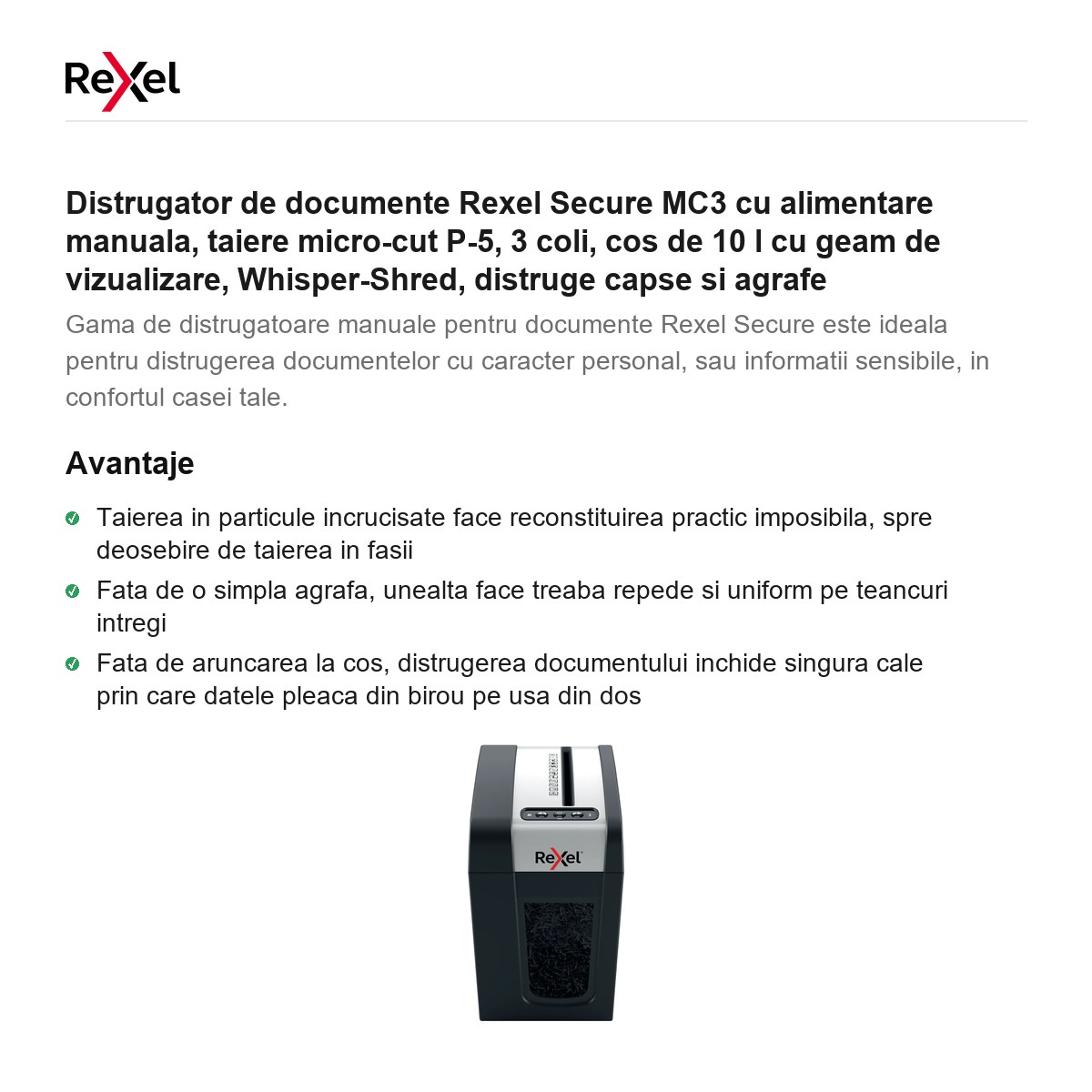 Distrugator de documente Rexel Secure MC3 cu alimentare manuala, taiere micro-cut P-5, 3 coli, cos de 10 l cu geam de vizualizare, Whisper-Shred, distruge capse si agrafe [2]