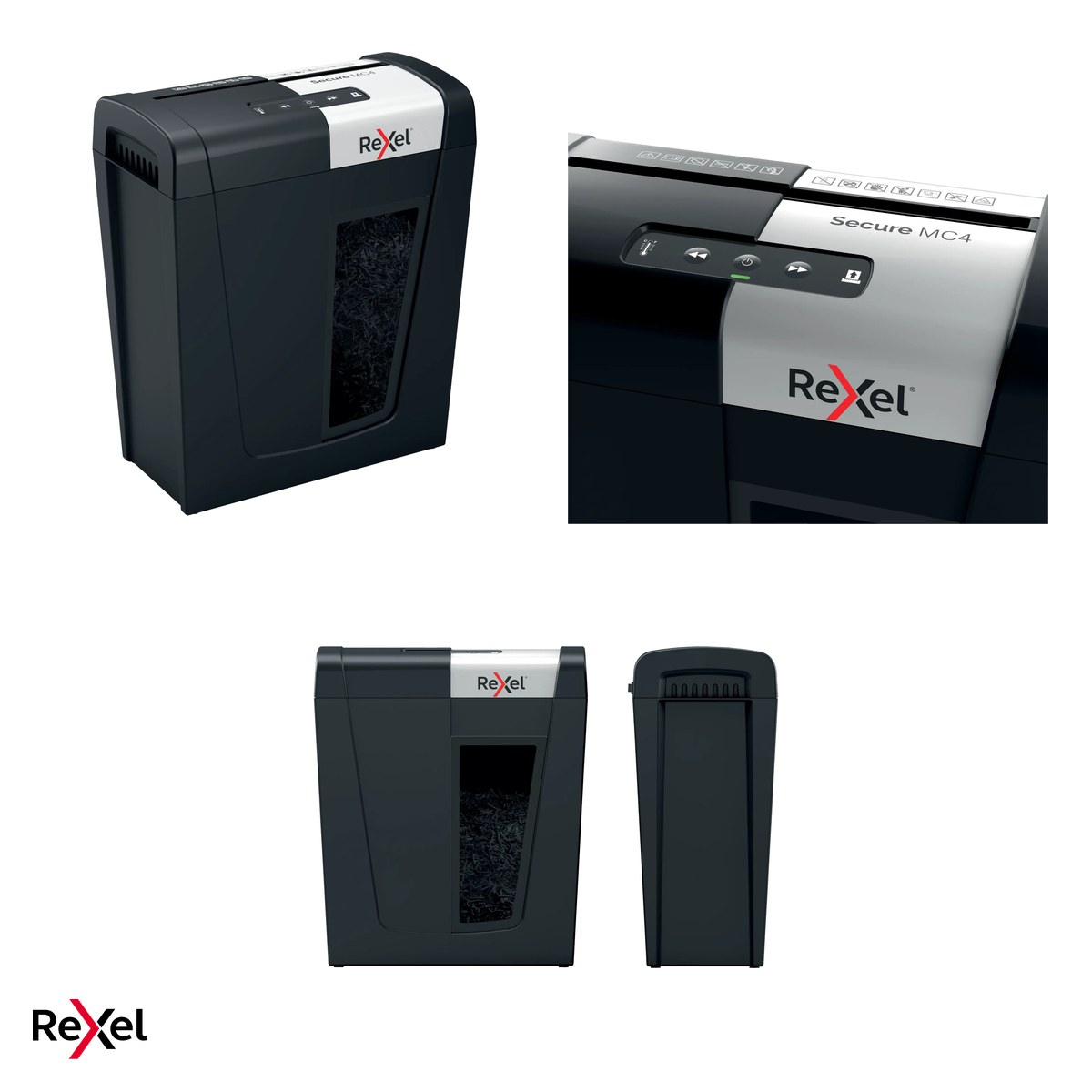 Distrugator de documente Rexel Secure MC4 cu alimentare manuala, taiere micro-cut P-5, 4 coli, cos de 14 l cu geam de vizualizare, Whisper-Shred, distruge capse si agrafe [5]