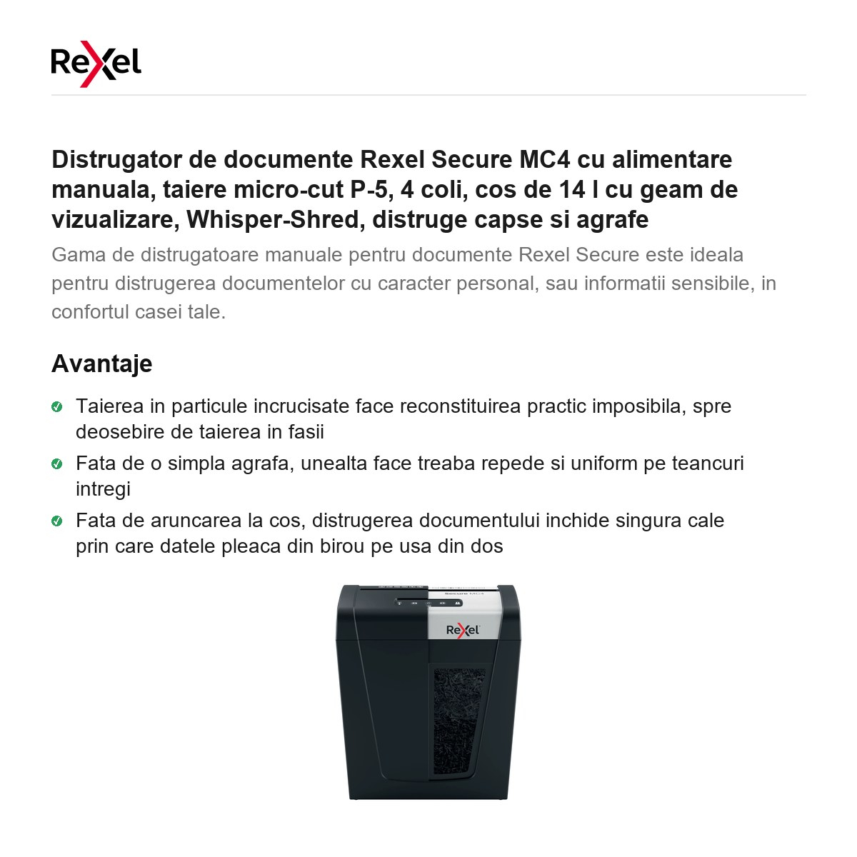 Distrugator de documente Rexel Secure MC4 cu alimentare manuala, taiere micro-cut P-5, 4 coli, cos de 14 l cu geam de vizualizare, Whisper-Shred, distruge capse si agrafe [2]
