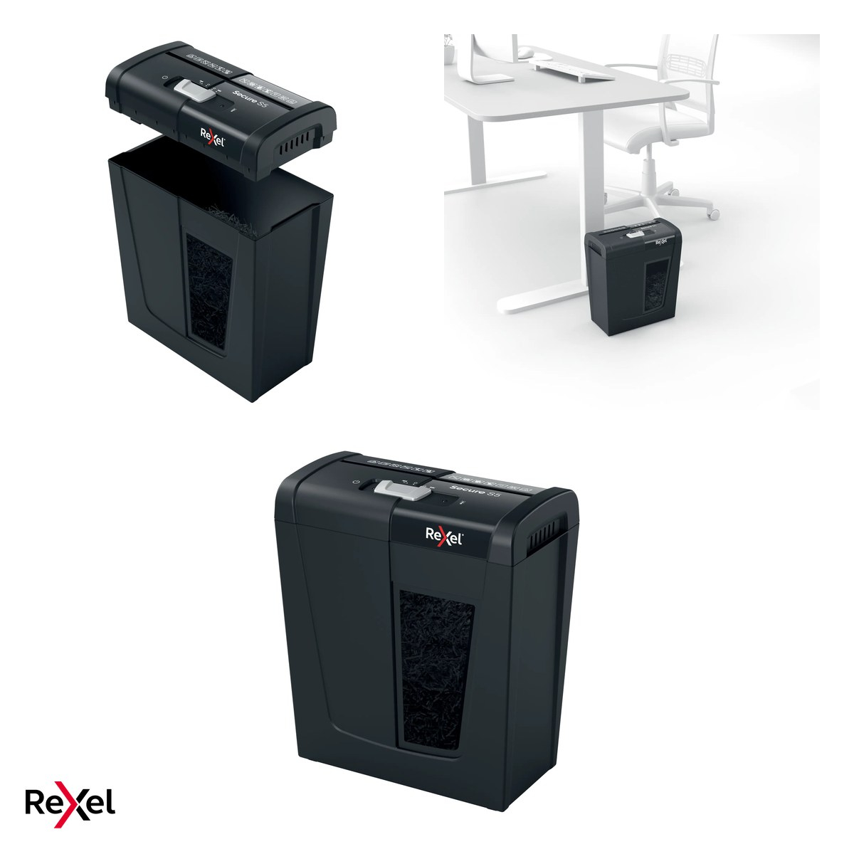 Distrugator de documente Rexel Secure S5 cu alimentare manuala, taiere strip-cut P-2, 5 coli, cos de 10 l cu geam de vizualizare, distruge capse si agrafe, sub 70 dBA [4]