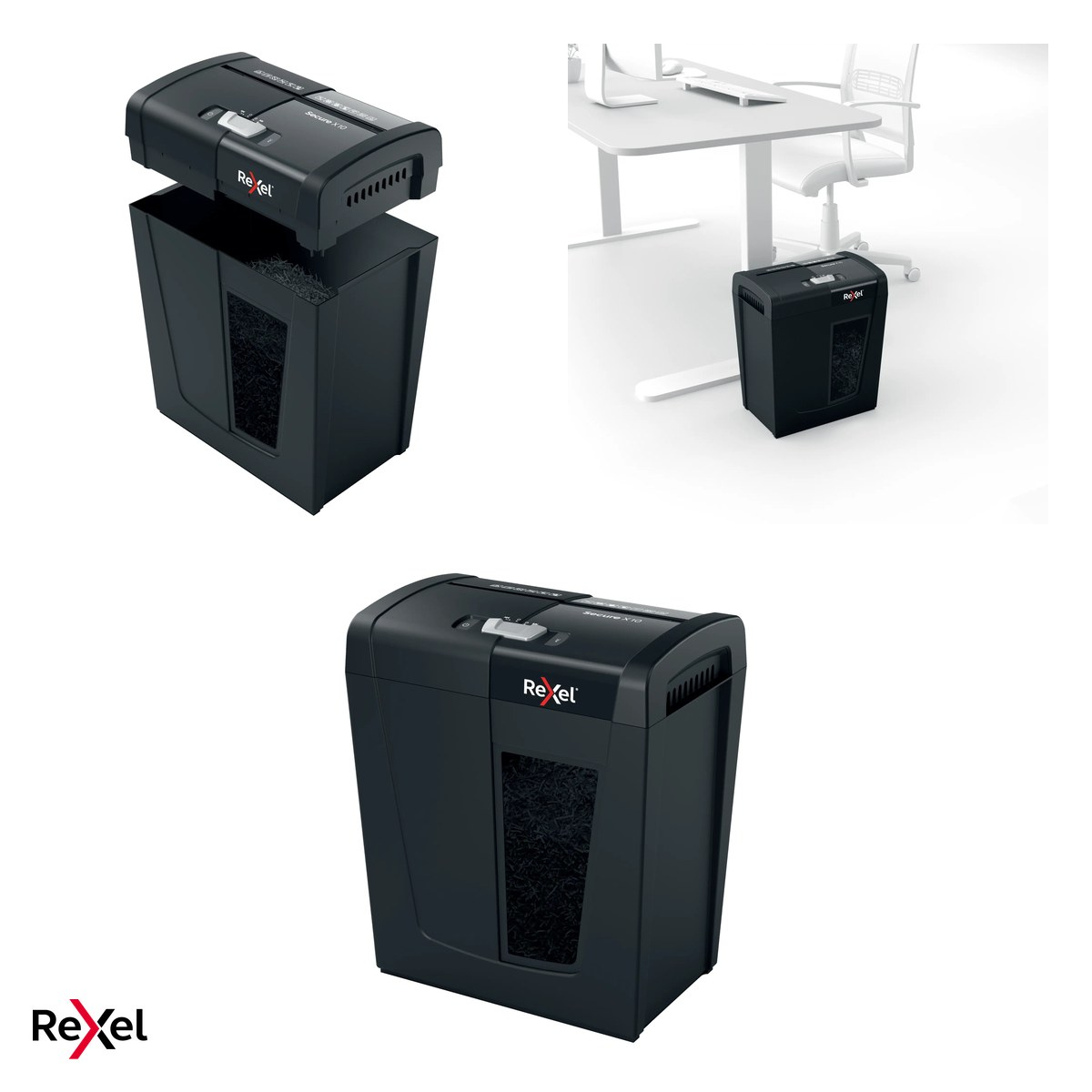 Distrugator de documente Rexel Secure X10 cu alimentare manuala, taiere cross-cut P-4, 10 coli, cos de 18 l cu geam de vizualizare, distruge capse si agrafe, functionare silentioasa [4]
