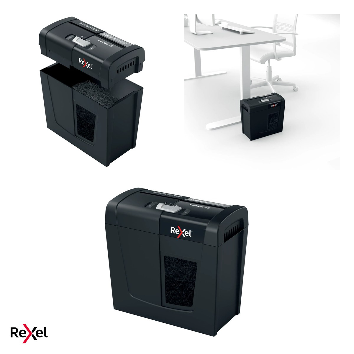 Distrugator de documente Rexel Secure X6 cu alimentare manuala, taiere cross-cut P-4, 6 coli, cos de 10 l cu geam de vizualizare, distruge capse si agrafe, functionare silentioasa [4]