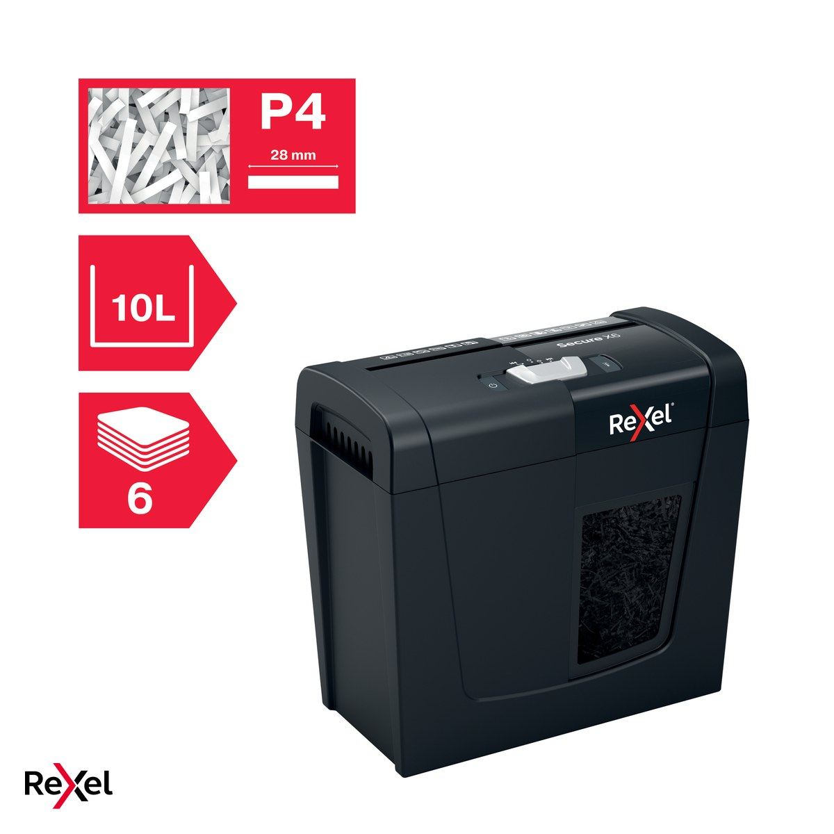 Distrugator de documente Rexel Secure X6 cu alimentare manuala, taiere cross-cut P-4, 6 coli, cos de 10 l cu geam de vizualizare, distruge capse si agrafe, functionare silentioasa [6]