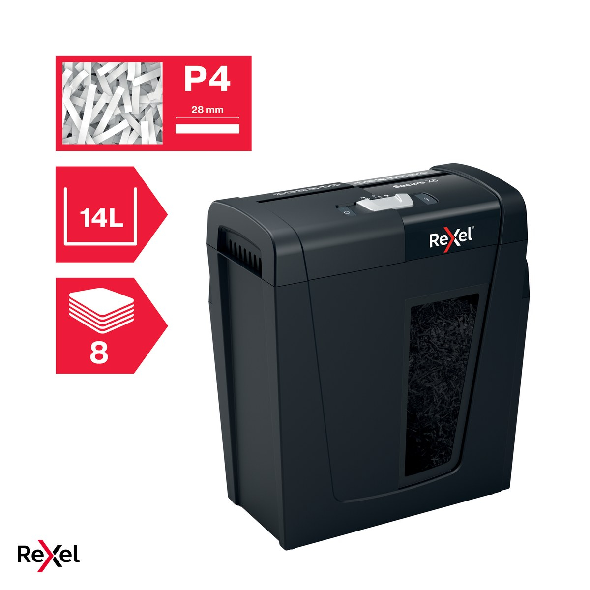 Distrugator de documente Rexel Secure X8 cu alimentare manuala, taiere cross-cut P-4, 8 coli, cos de 14 l cu geam de vizualizare, distruge capse si agrafe, functionare silentioasa [6]