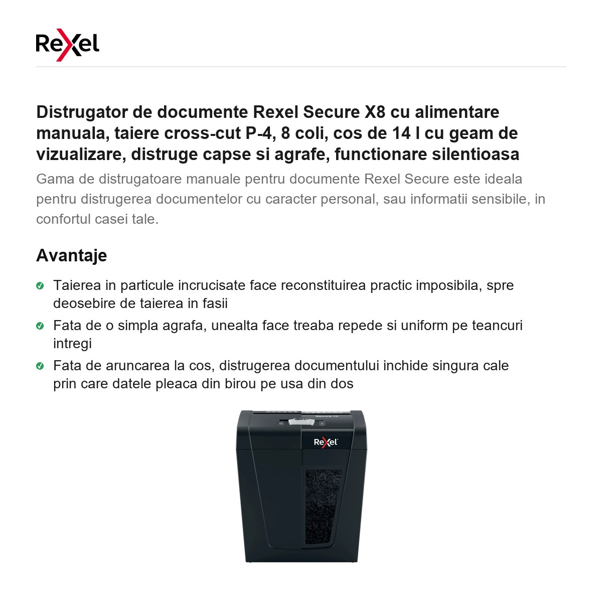 Distrugator de documente Rexel Secure X8 cu alimentare manuala, taiere cross-cut P-4, 8 coli, cos de 14 l cu geam de vizualizare, distruge capse si agrafe, functionare silentioasa [2]