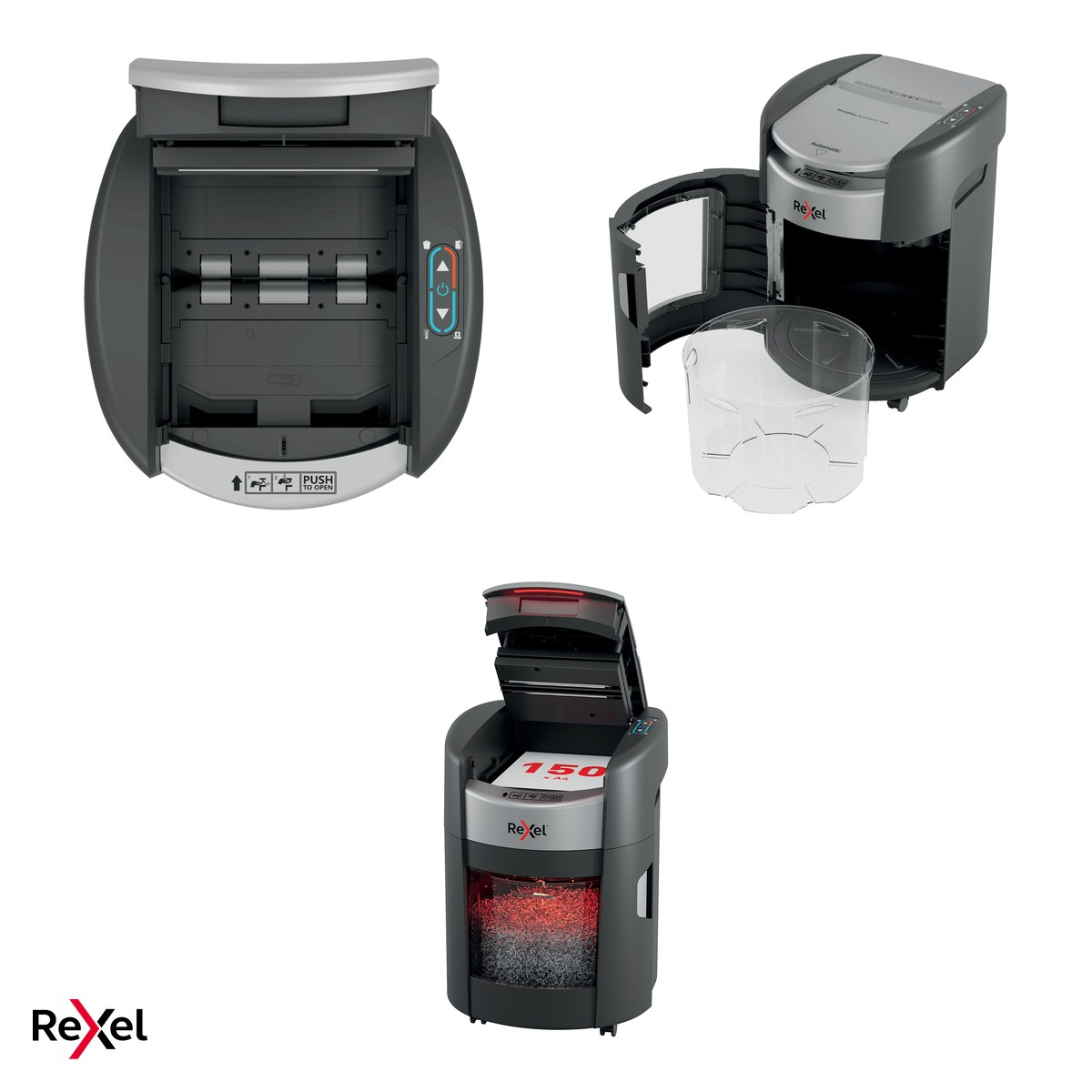 Distrugator de documente Rexel ShredMax 150M automat, taiere micro-cut P-5 Flat Cut, 150 coli automat si 6 manual, cos rotativ de 15 l, functionare continua 30 de minute, 570x443x396 mm [4]