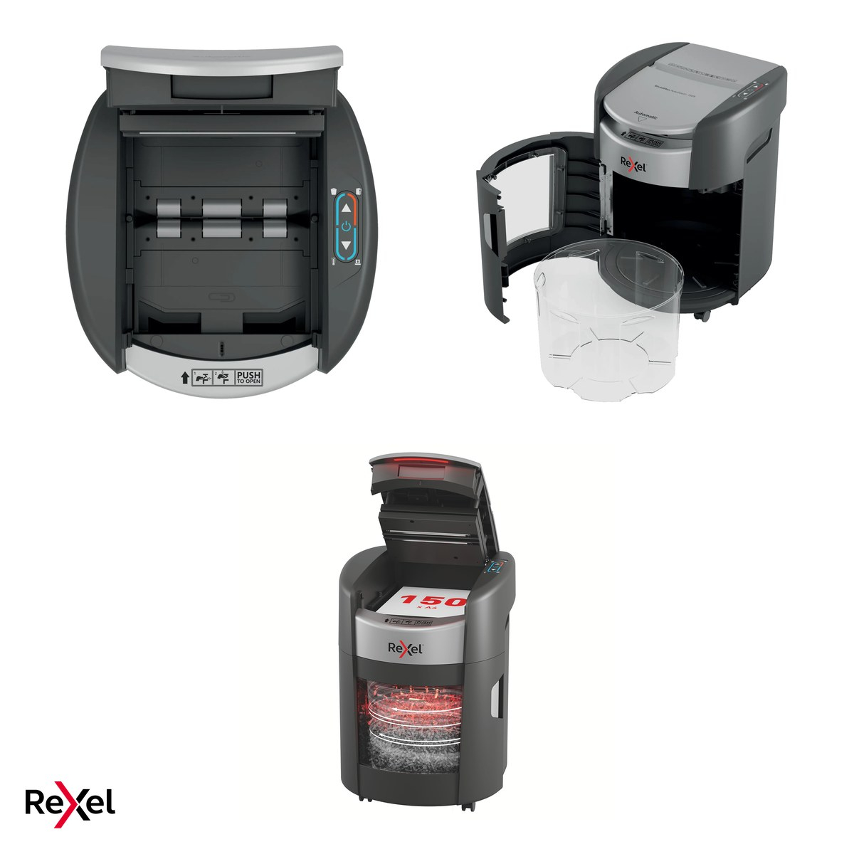 Distrugator de documente Rexel ShredMax 150X automat, taiere cross-cut P-4 Flat Cut, 150 coli automat si 8 manual, cos rotativ de 15 l, functionare continua 30 de minute, pentru acasa [4]