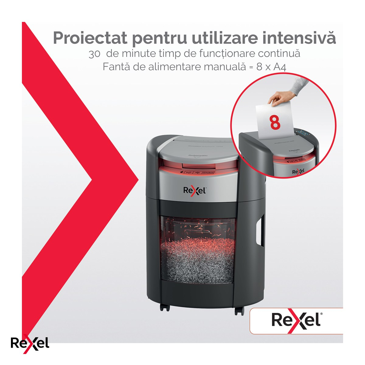 Distrugator de documente Rexel ShredMax 150X automat, taiere cross-cut P-4 Flat Cut, 150 coli automat si 8 manual, cos rotativ de 15 l, functionare continua 30 de minute, pentru acasa [6]