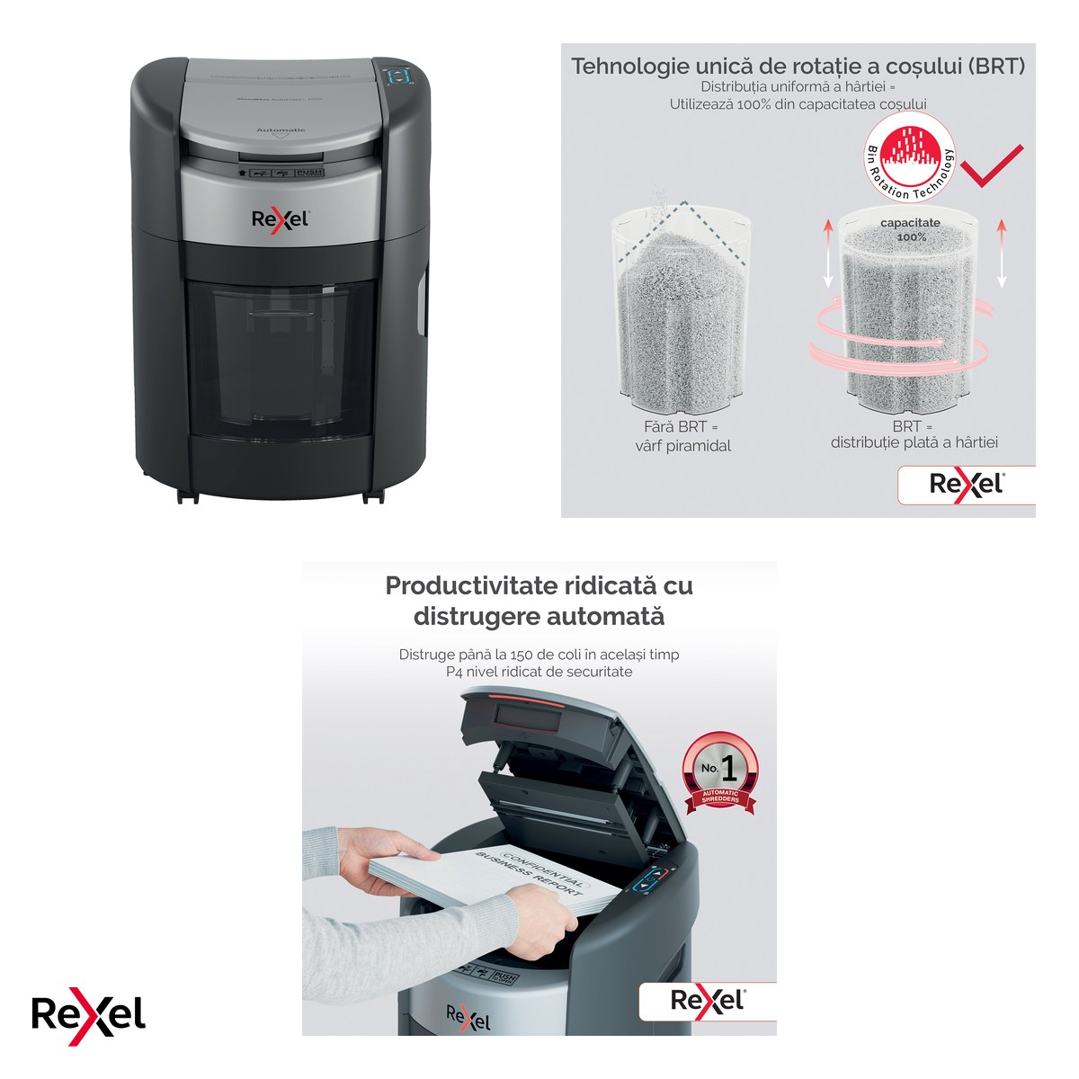 Distrugator de documente Rexel ShredMax 150X automat, taiere cross-cut P-4 Flat Cut, 150 coli automat si 8 manual, cos rotativ de 15 l, functionare continua 30 de minute, pentru acasa [5]
